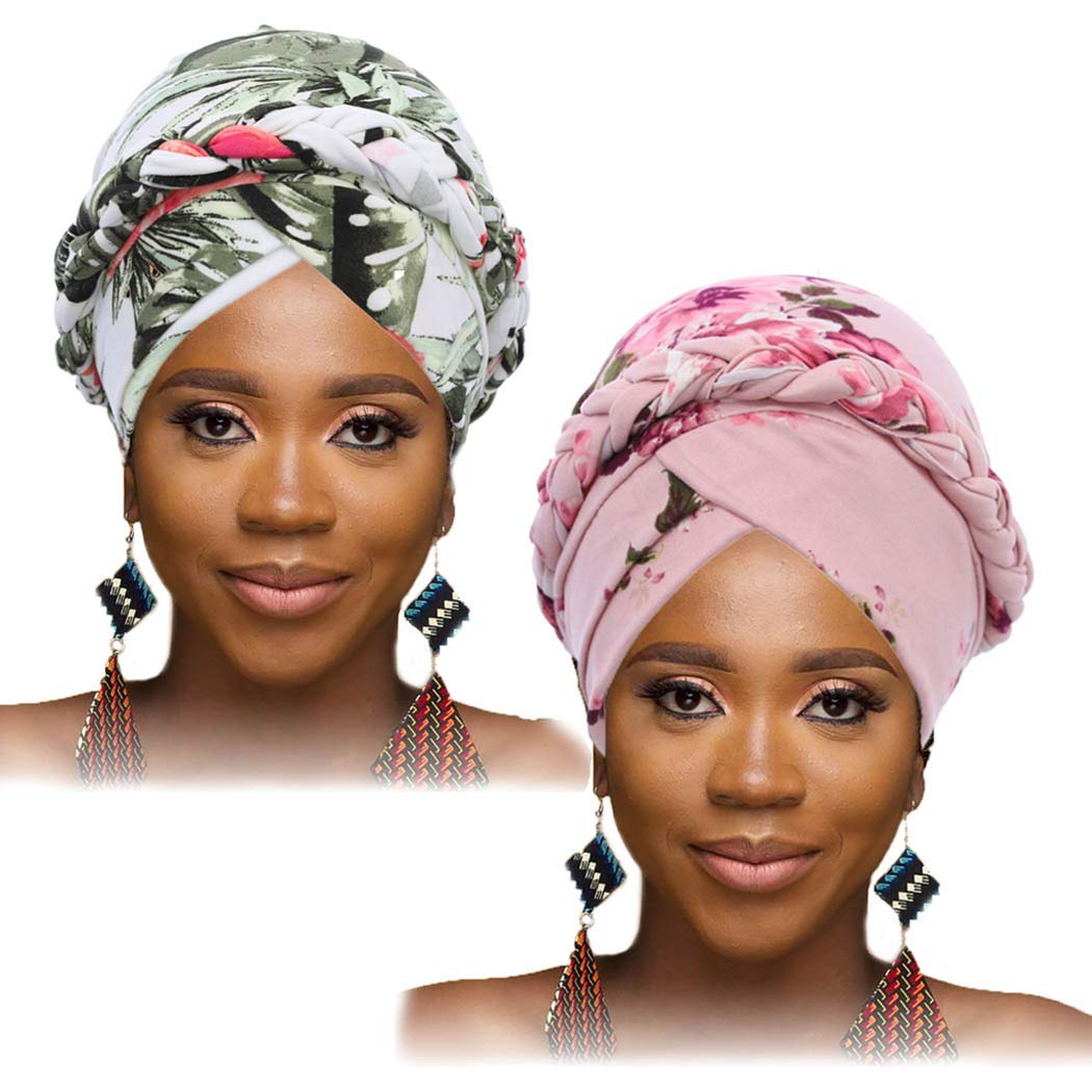 WoeoeAfrican Turban Head Wrap Pink Pattern Head Scarf Soft Flower Print Head Cover Cap Headwear for Women and Girls(Pack of 2)