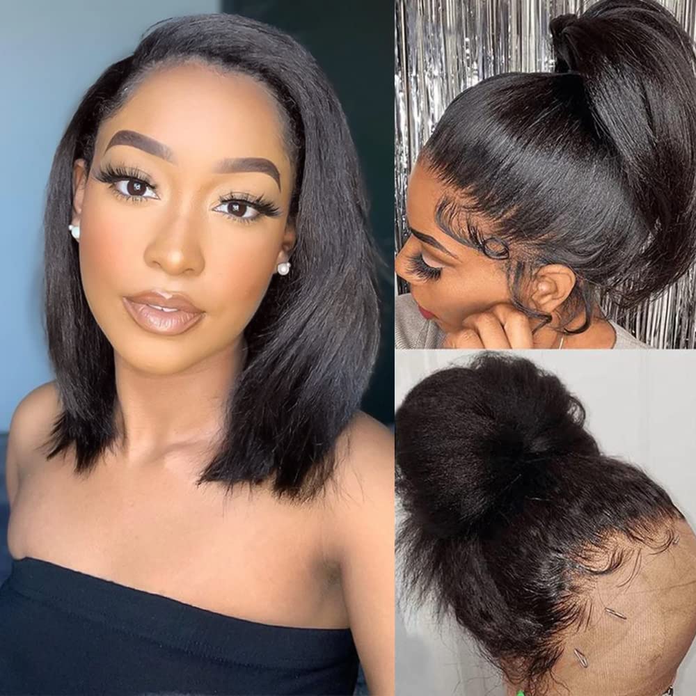 Jessica Hair Straight 5x5 Lace Closure Wigs Short Bob Yaki Wig 180% Density Pre Plucked with Baby Hair Straight Brazilian Hair Wigs for Black Women （8 Inch）