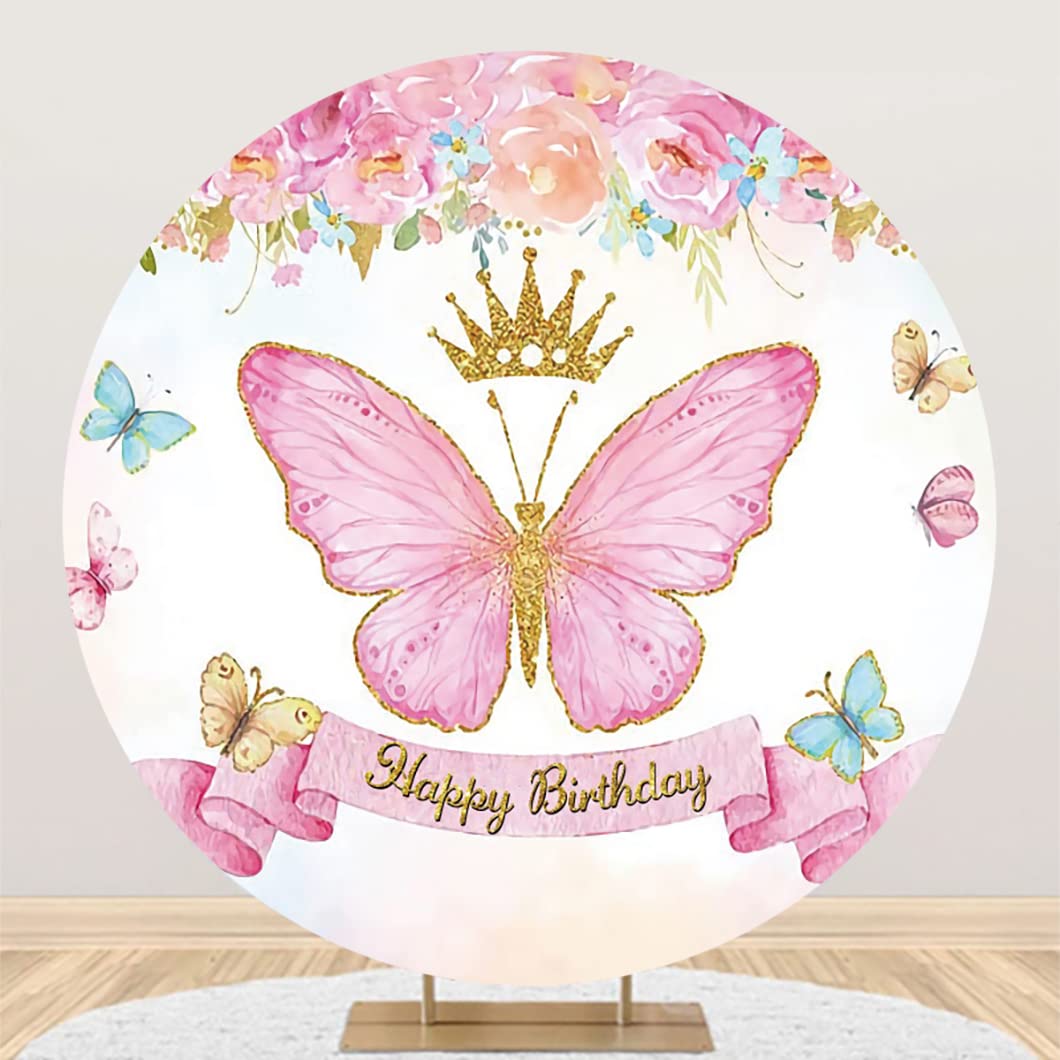 DORCEV Pink Butterfly Happy Birthday Round Backdrop Cover 7.2x7.2ft Polyester Gold Crown Sweet Pink Watercolor Floral Butterflies Photography Background Kids Girls Royal Princess Birthday Party Props