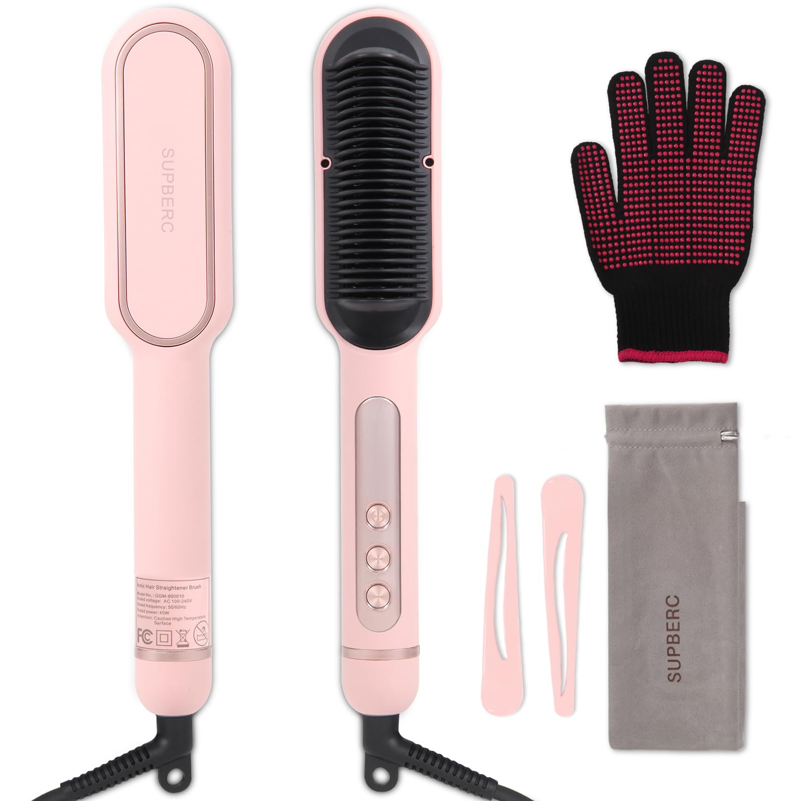 Negative Ionic Hair Straightener Brush with 9 Temp Settings, 30s Fast Heating Hair Straightening Comb with LED Display, Anti-Scald & Auto-Shut Off Hair Brush Straightener for Women (Pink)