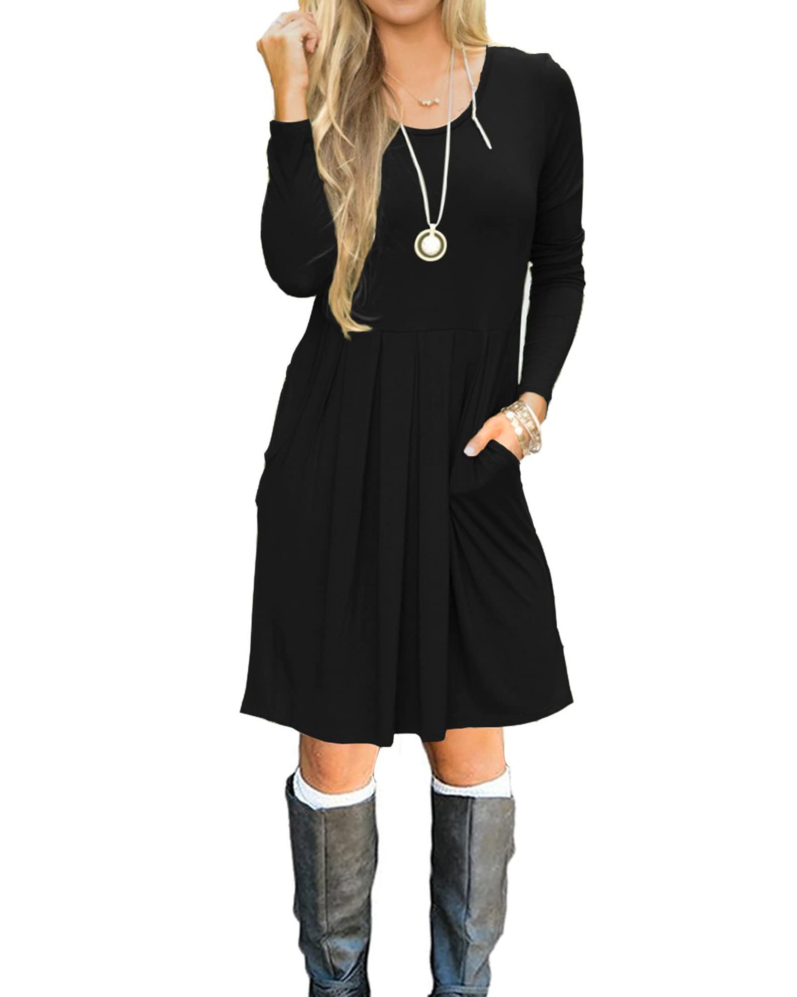 AUSELILYWomen's Long Sleeve Pleated Loose Swing Casual Dress with Pockets Knee Length