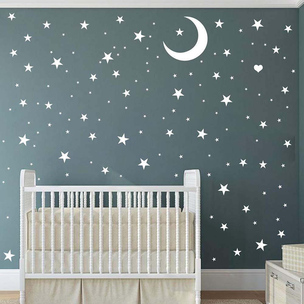 Star Wall Decals (209pcs) 3 Size White Stars and Moon Decals Removable Peel and Stick Stickers Fits Kids Room Decor