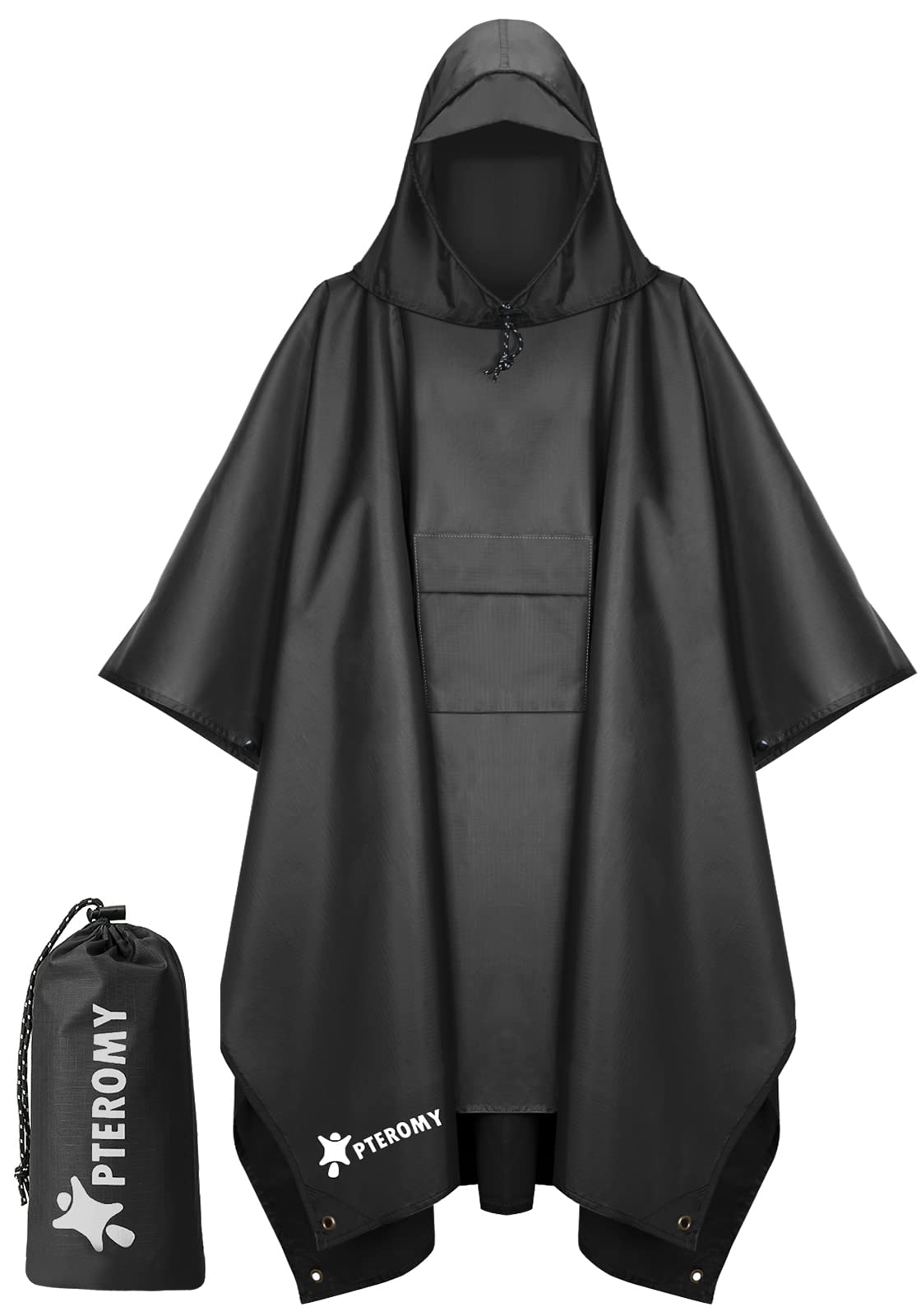 PTEROMY Hooded Rain Poncho for Adult with Pocket, Waterproof Lightweight Unisex Raincoat for Hiking Camping Emergency