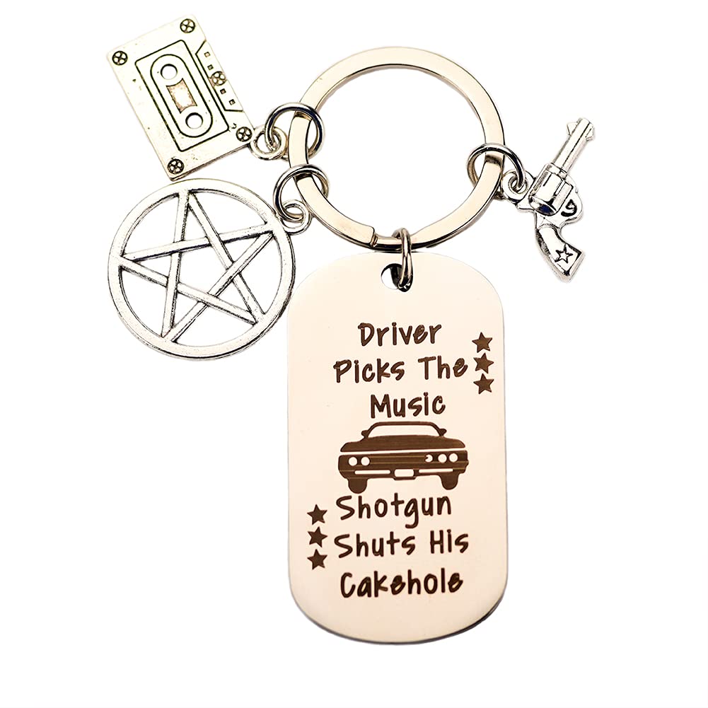 ShiQiao SplBirthday Gifts for Her Him - Driver Picks the Music Shotgun Shuts His Cakehole Keychain for Friends Supernatural Fans Christmas Gifts