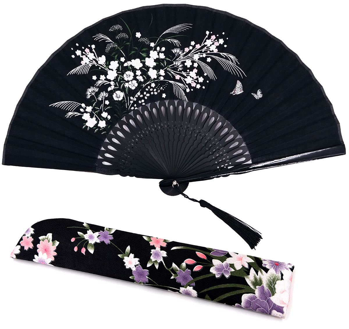 Amajiji Charming Elegant Modern Woman Handmade Bamboo Silk 8.27" (21cm) Folding Pocket Purse Hand Fan (Black)