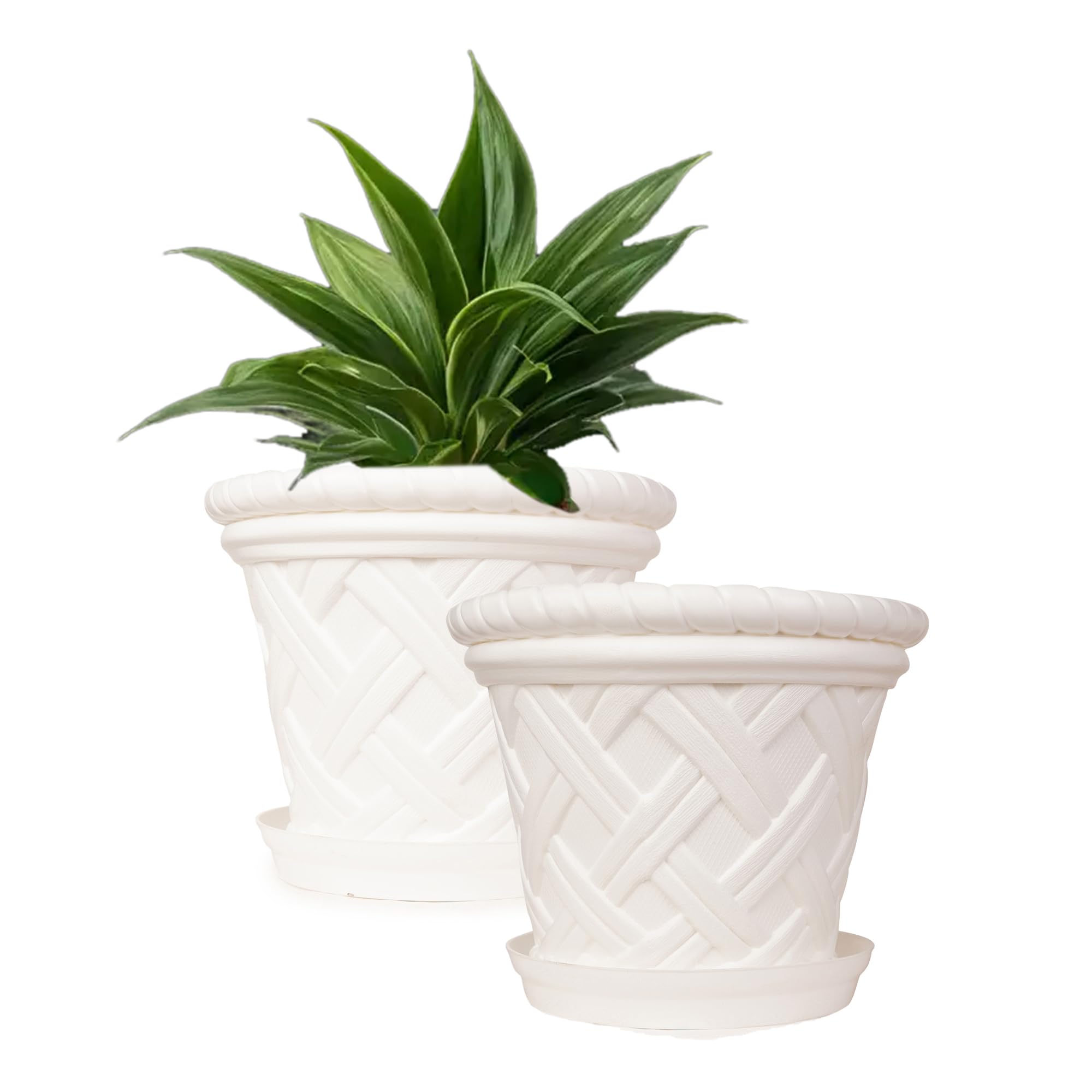 Plastic Round Shape Flower Pot with Bottom Tray Indoor & Outdoor Unique Design Planter Best for Home/Office/Table/Garden Decoration - Set of 2 (White, 14 Inch)