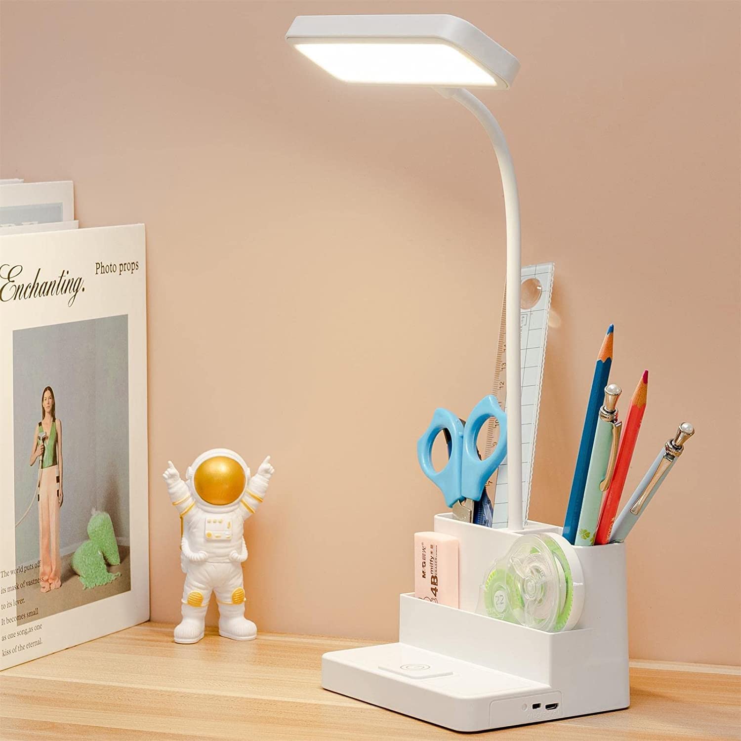 Orchid M LED Desk Lamp with 2 Pen Holder, Rechargeable Desk Light with Flexible Gooseneck, 3 Color Modes, Stepless Dimming, Eye Caring, Small Study Lamp for Office, Dorm, Bedroom (White)