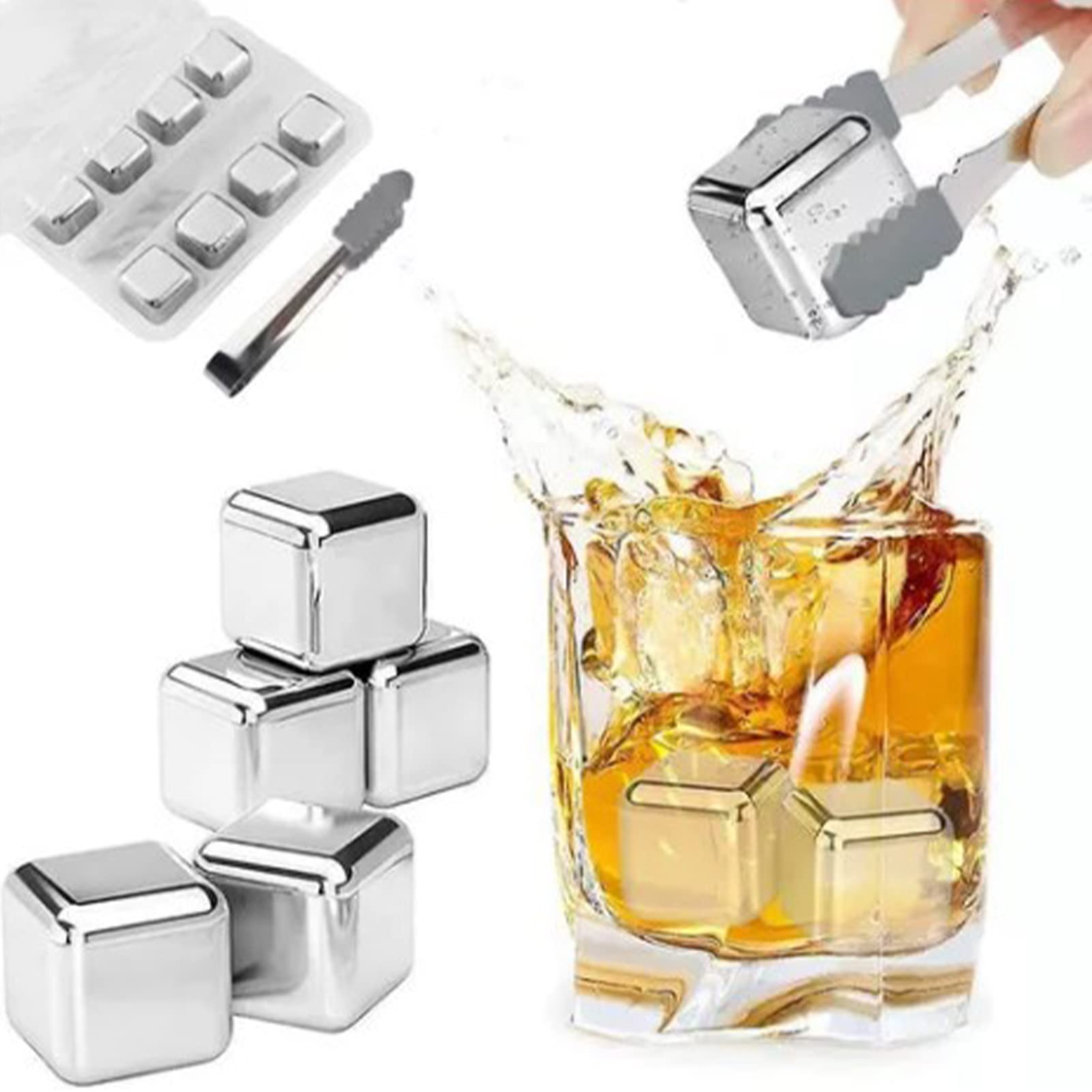 Kollea Stainless Steel Chilling Cubes Reusable Ice Whiskey Stones for Drinks with Ice Tongs and Freezer Storage Tray for Whiskey (8 Pack)