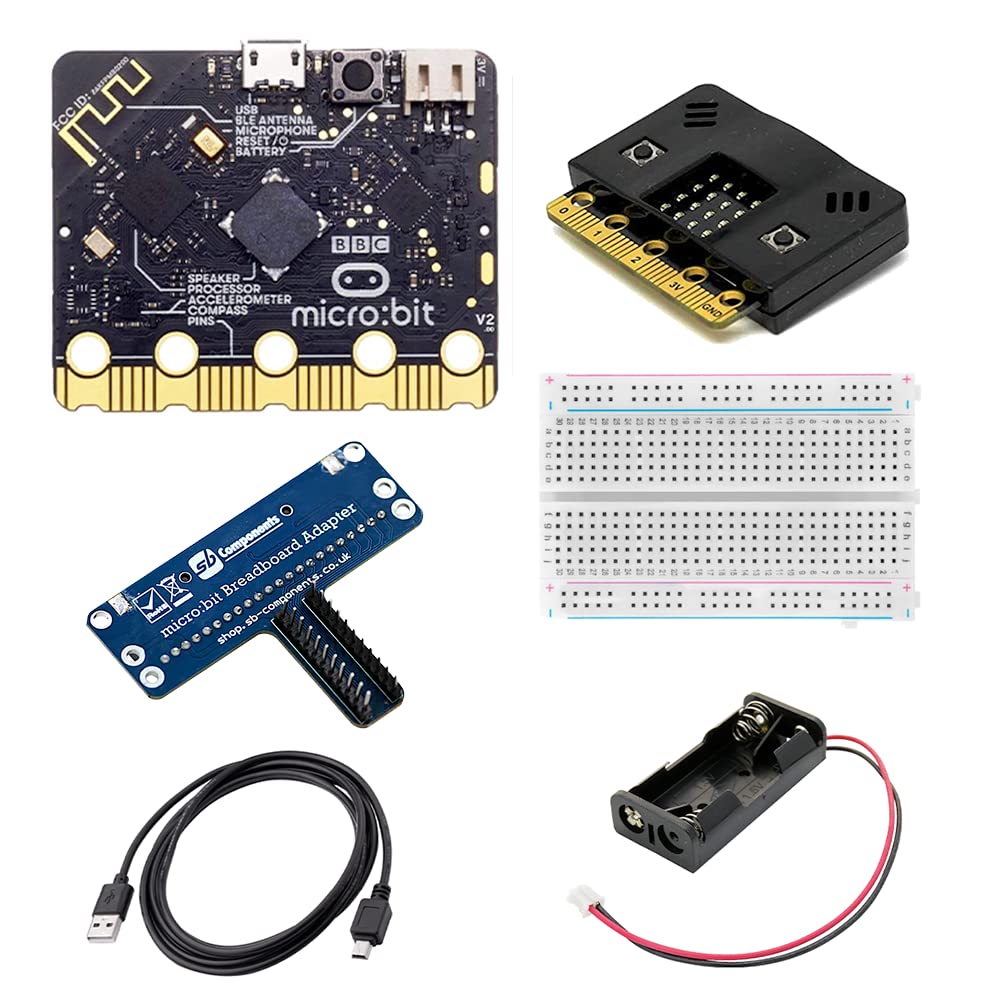 sb componentsBBC micro:bit v2 with Breadboard Adapter, Breadboard Block, 1 Meter Micro USB Cable & Case, Microbit V2 Kit with Black Case