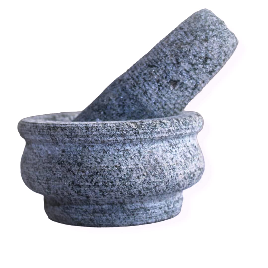 Subaa Mortar and Pestle Set | Ginger Garlic Crusher for Kitchen Unpolished Heavy Stone Material | Best Masher Kitchen Tool | okhli and musal | Ammi kallu 4 Inch Dia