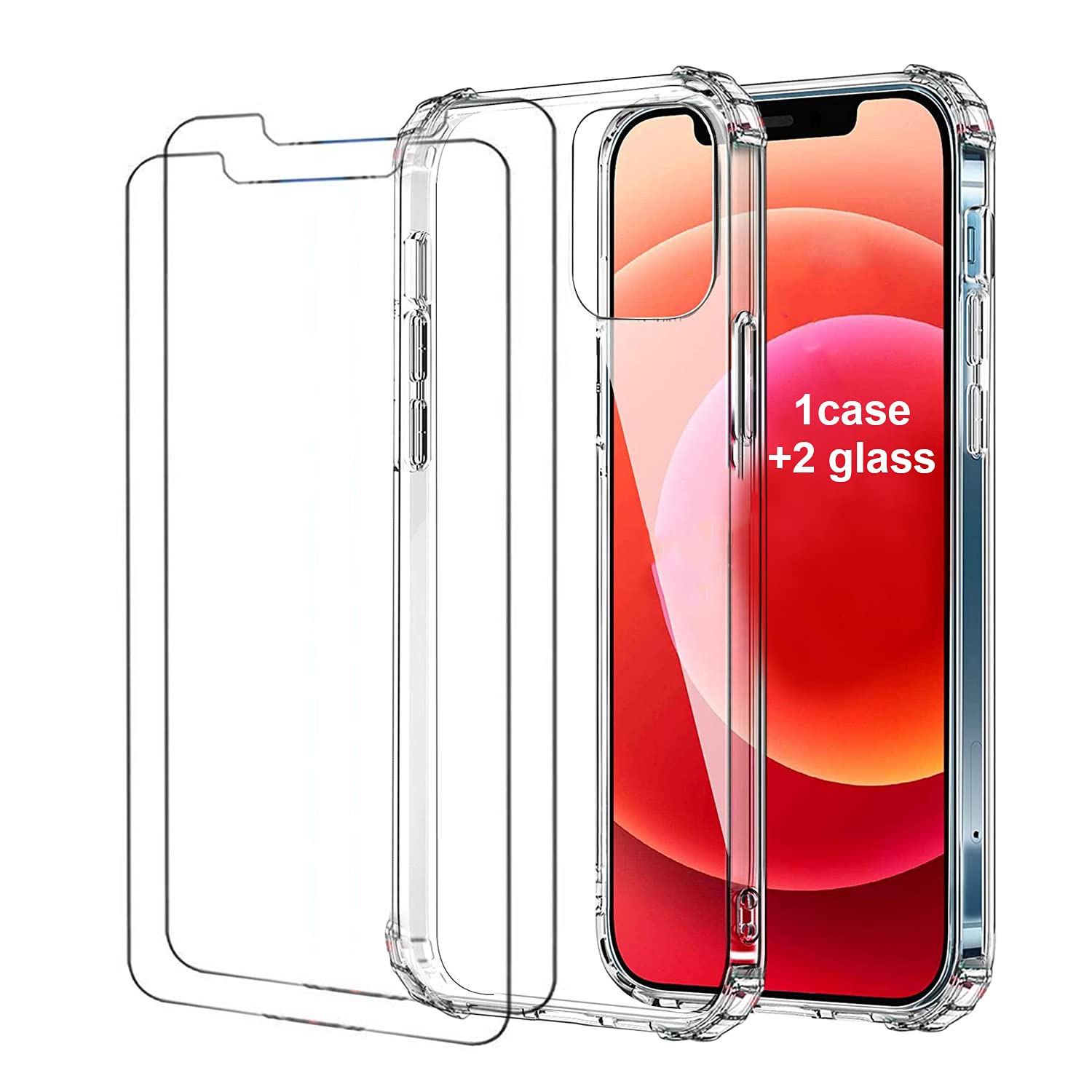 AMINI24 iPhone 12 mini Clear Case with Screen Protectors – Shockproof Non-Slip Crystal Clear iPhone 12 mini Phone Case with 2 Heavy Duty Tempered Glass Protectors – 3 Pack (Iphone 12 Mini)