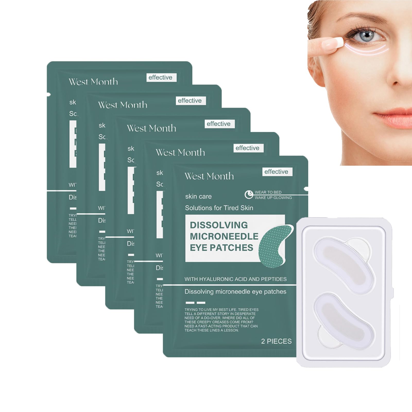 Pack of 5 Dissolving Microneedle Eye Patches, Dissolving Microneedle Eye Mask with Hyaluronic Acid & Peptides, Remove Dark Circles, Reduce Wrinkles and Swelling