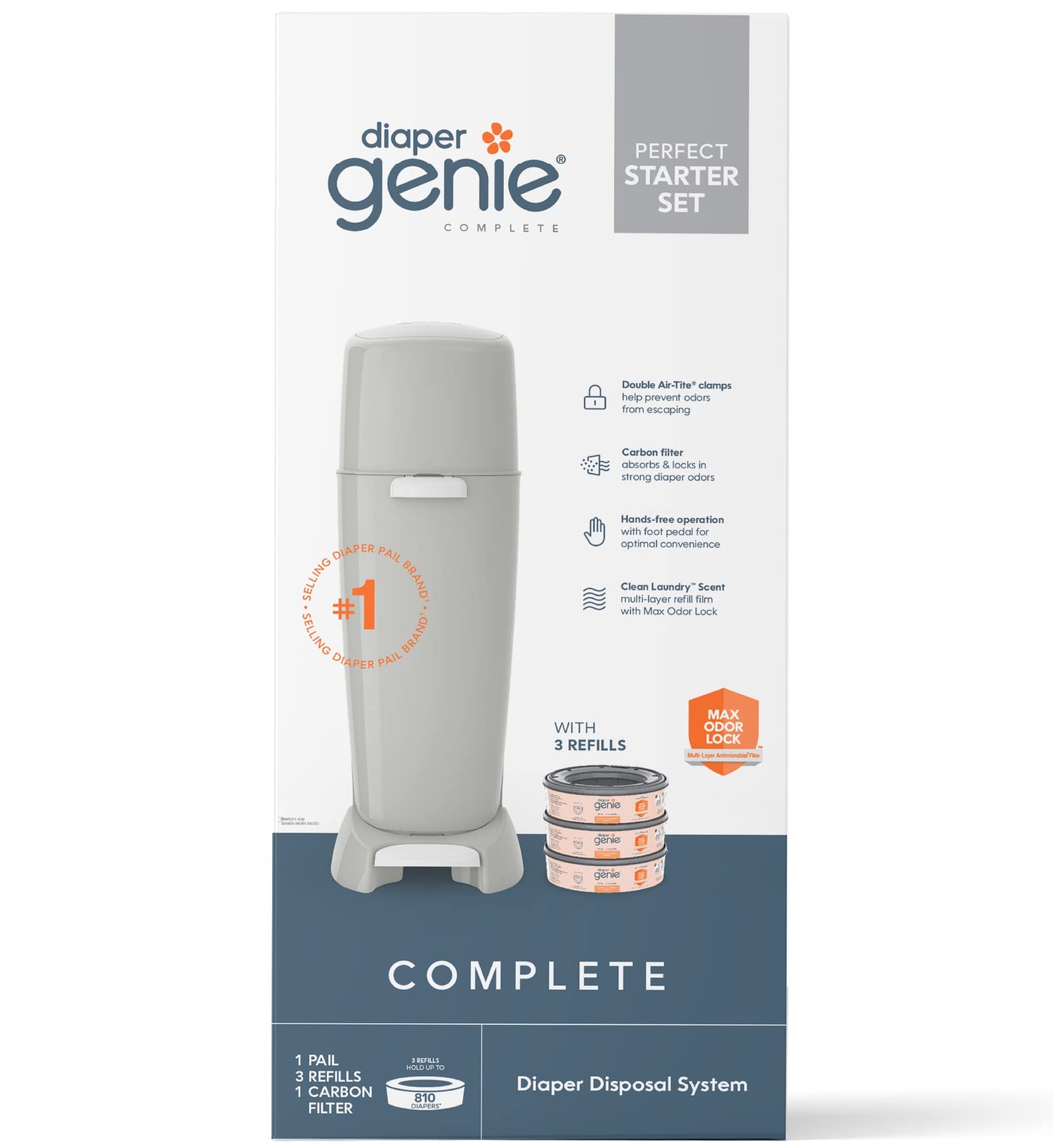 Diaper Genie Complete Diaper Pail (Grey) with Odor Control | Includes 1 Diaper Trash Can, 3 Refill Bags, 1 Carbon Filter