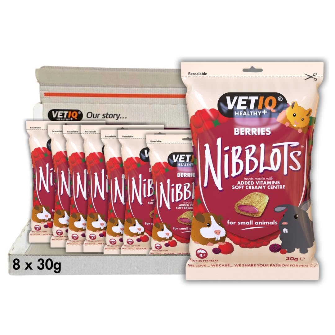 VetIQBerries Nibblots for Small Animals, Tasty Treats Made with Added Vitamins & a Soft Creamy Centre, Beneficial for Skin & Coat, 30 g (Pack of 8)