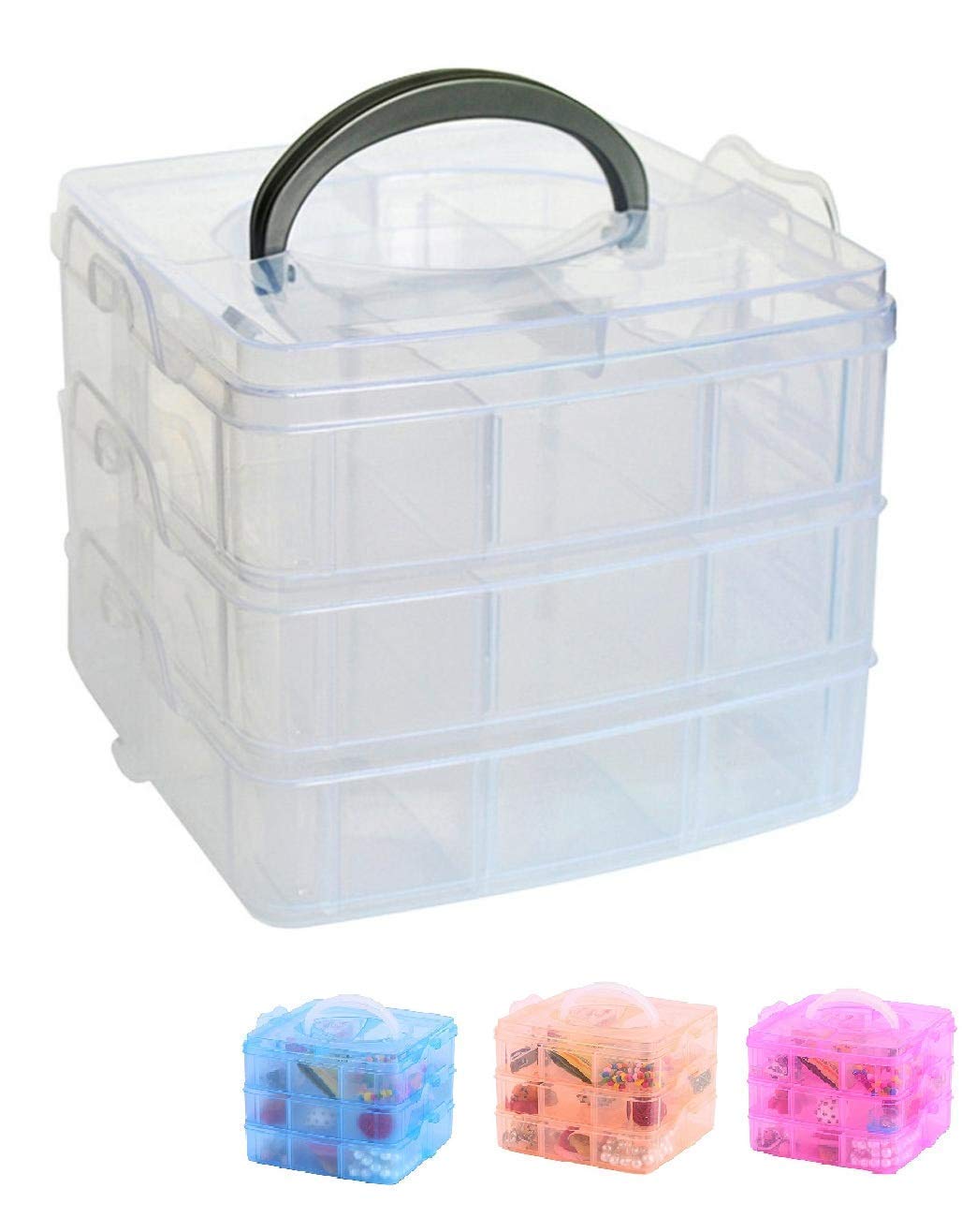 SOLDTRUE3 Layers, 18 Grids, Transparent Plastic Jewellery Organizer Storage Compartment Box. Dimensions: 13(H) x 15.5(L) x 16(W) cms, Color (Multicolor)