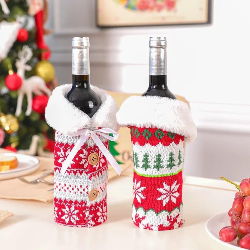 The Decor Wick Christmas Santa Wine Bottle Cover for Table Decoration | Christmas Wine Wrapping Pouch for Wine Bottle | Set Of 2