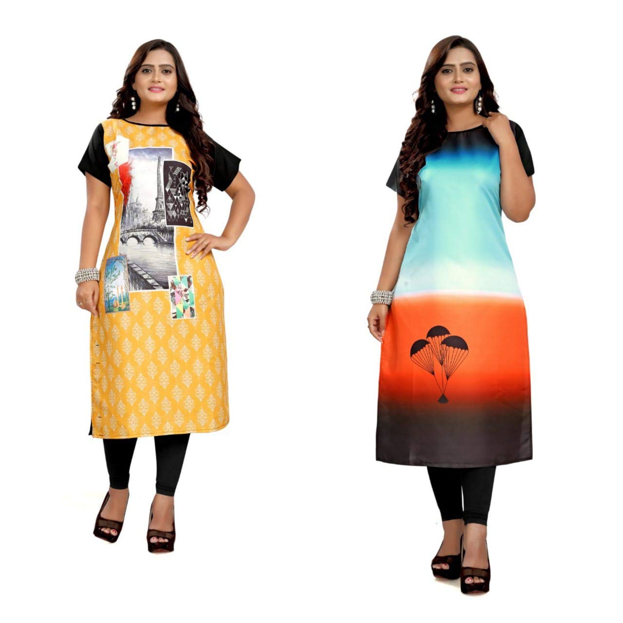 Aarohi FashionWomen's Straight Digital Printed Crepe Stitched Kurti (Multicolored) [Combo of 2];