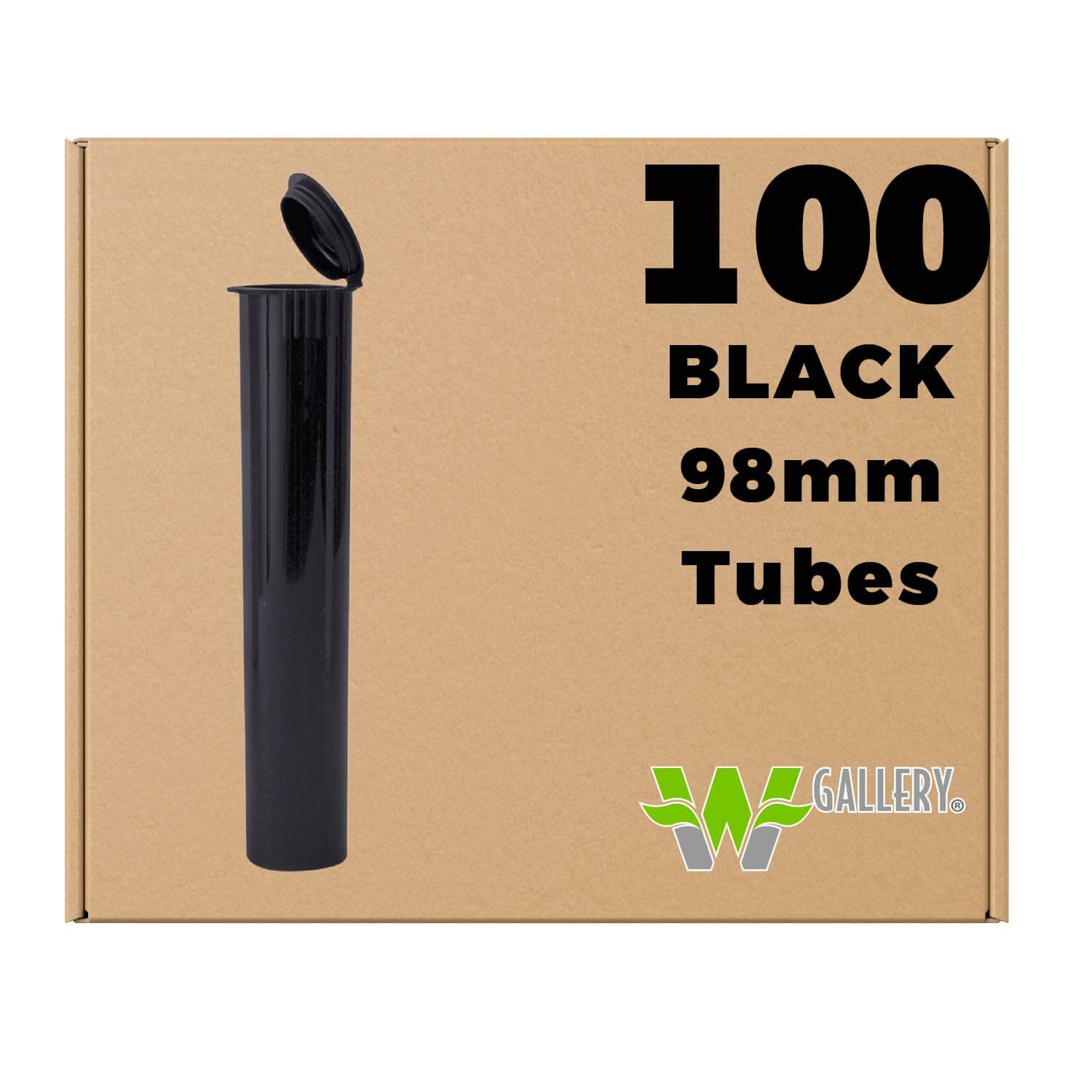 W Gallery 100 Black 98mm Open Cap Pop Top Tubes - Airtight Smell Proof Containers - Plastic Medical Grade Prescription Bottles for Pills Herbs Flowers Supplements, Bulk Pack, Not Glass Jars