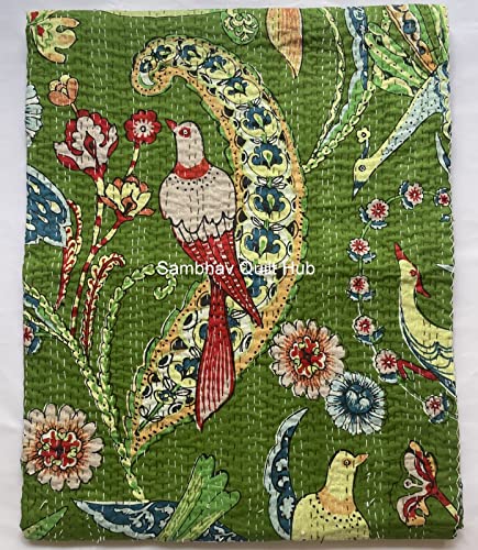 Sambhav Quilt Hub Handblock Animal Print Handmade Cotton Kantha Quilting Boho Throw Blanket Hippie Queen/King Size Bohemian Block Kantha Quilt (Green, King 90"x108")