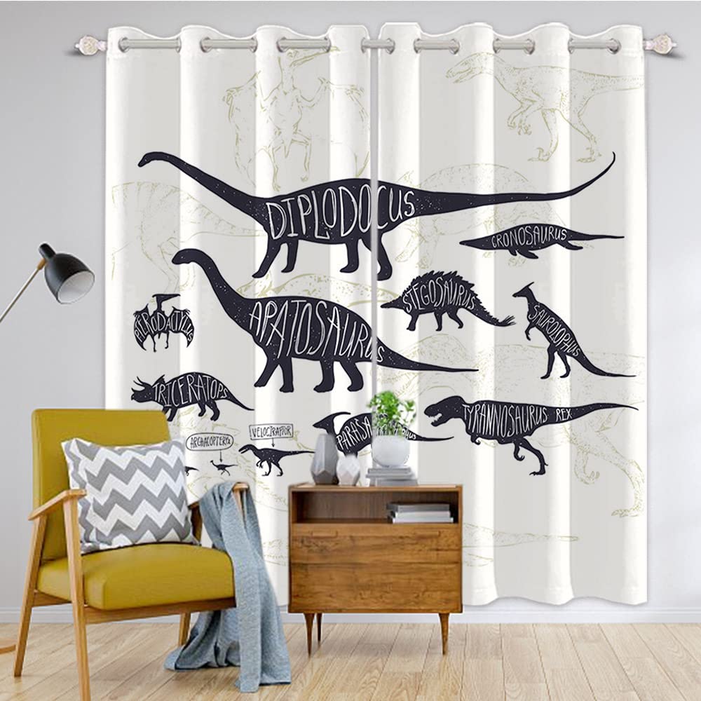 DORCEV Dinosaurs Curtains Kids Boys Bedroom Cartoon Blackout Window Curtains Wild Animals Ancient Jurassic Animals Dinosaur White Black Pattern Printed Living Room Window Drapes,42x96 inch,2 Panels