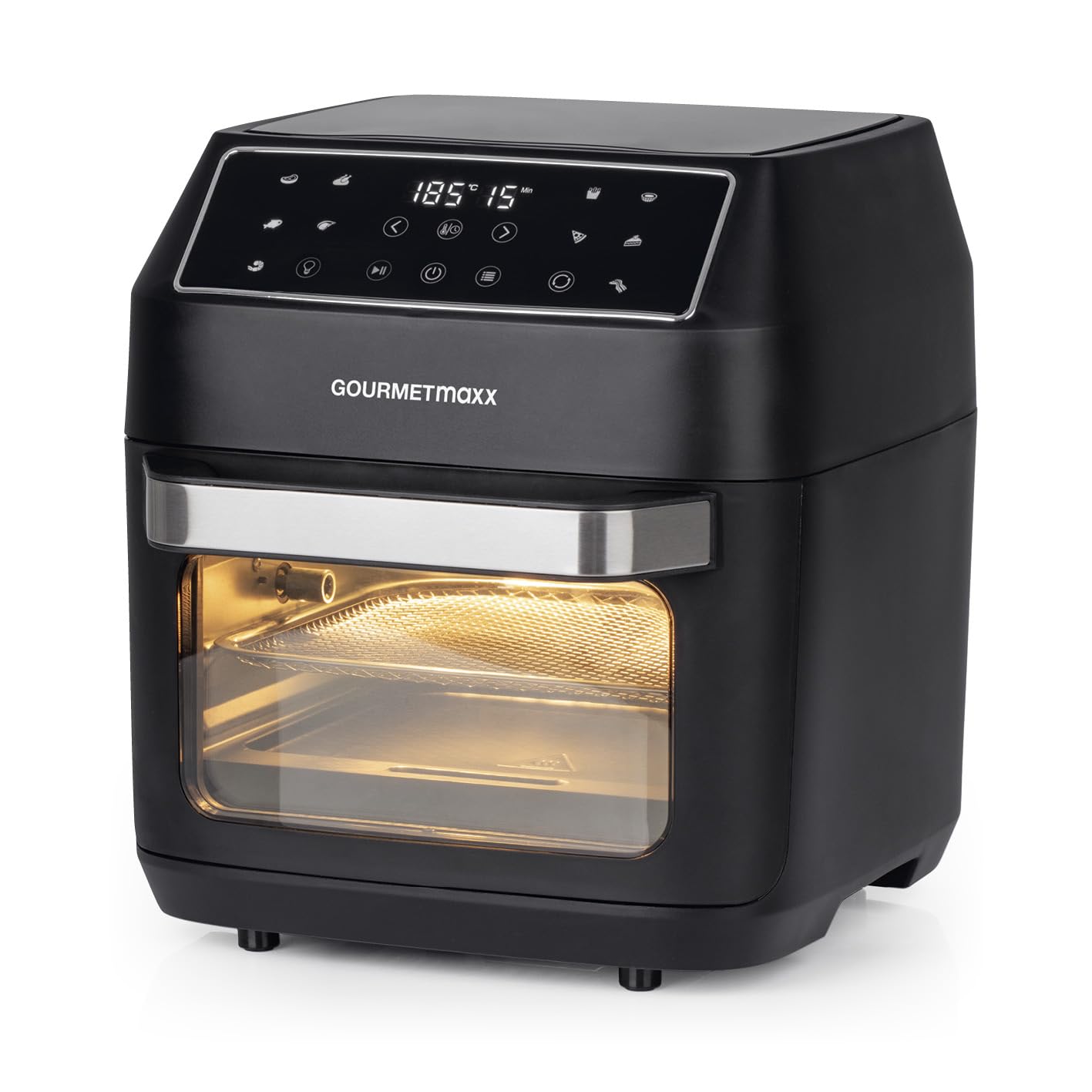 GOURMETmaxx Airfryer Hot Air Fryer 12 L | Deep Fryer with 9 Functions, Touch Screen, Rotating Sticks & Skewers | 10 Programs Including Pizza | 1700 W Mini Oven - Almost Oil Free