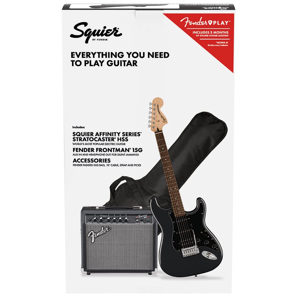 Squier by Fender Affinity Stratocaster HSS Electric Guitar Pack, Charcoal Frost Metallic, Gig Bag, Fender Frontman 15W Amp, Picks, Strap, Cable, Comes with Free Virtual Lessons