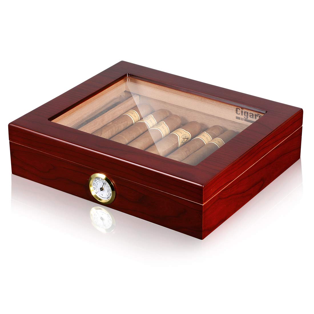 Glasstop Cigar Humidor Case, Cherry Finish with Hygrometer and Humidifier Holds 25 Cigars, Christmas Gift for Men