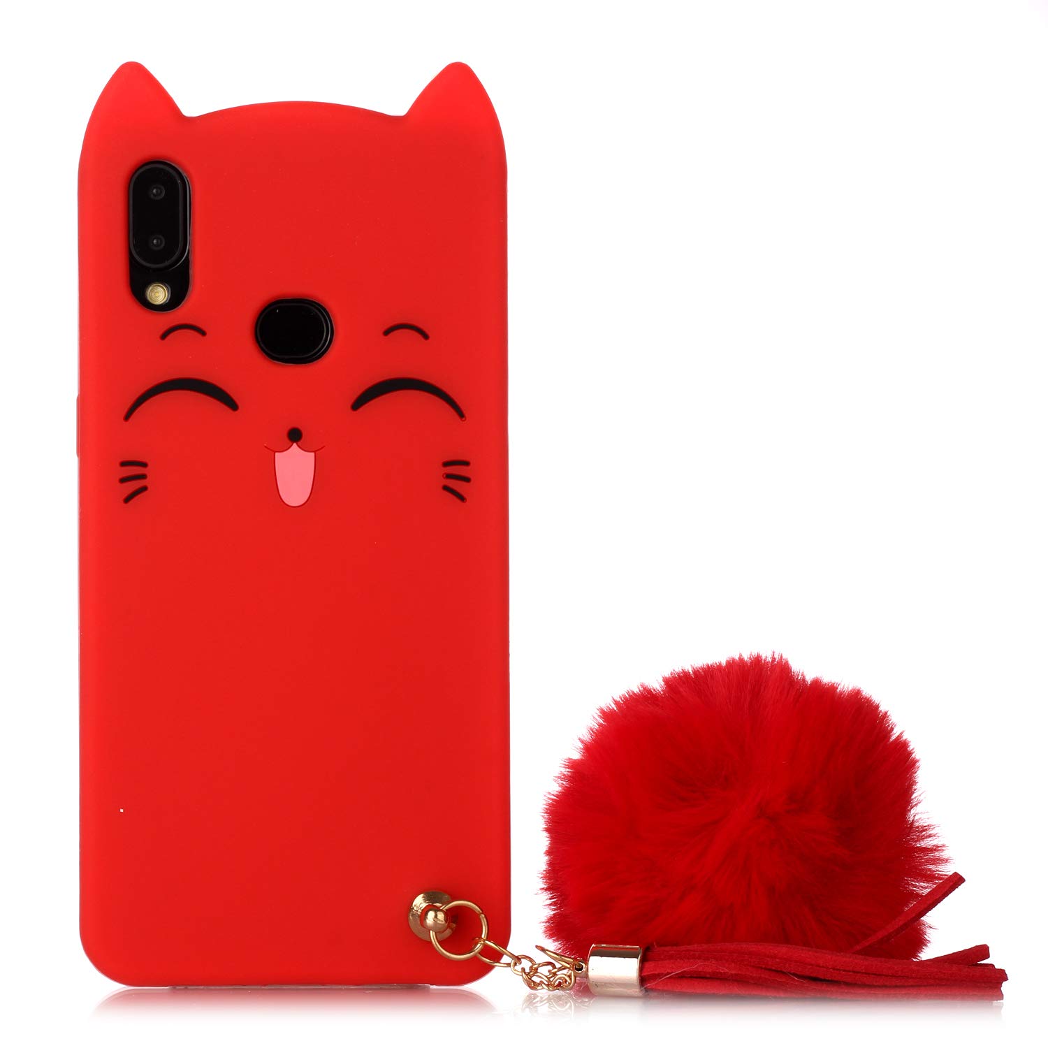 Galaxy A10S Cat Case, Galaxy A10S Silicone Case, Fashion Cute 3D Red Meow Party Cat Kitty Kids Girls Lady Protective Cases with Pompom/Strap Soft Case Skin for Samsung Galaxy A10S