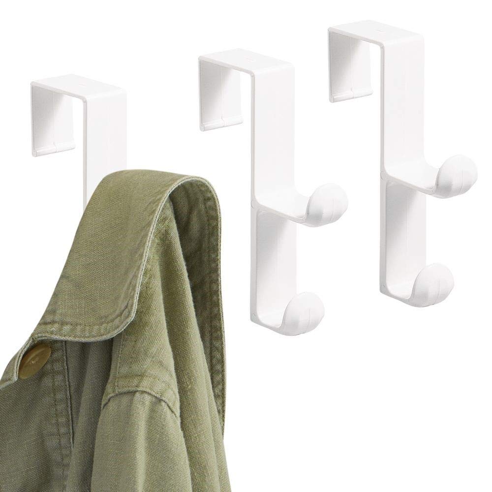 iDesign Over the Door Plastic Dual Hook Hanger for Coats, Jackets, Hats, Robes, Towels, Ideal for Bathroom, Bedroom, Mudroom, Set of 3, White