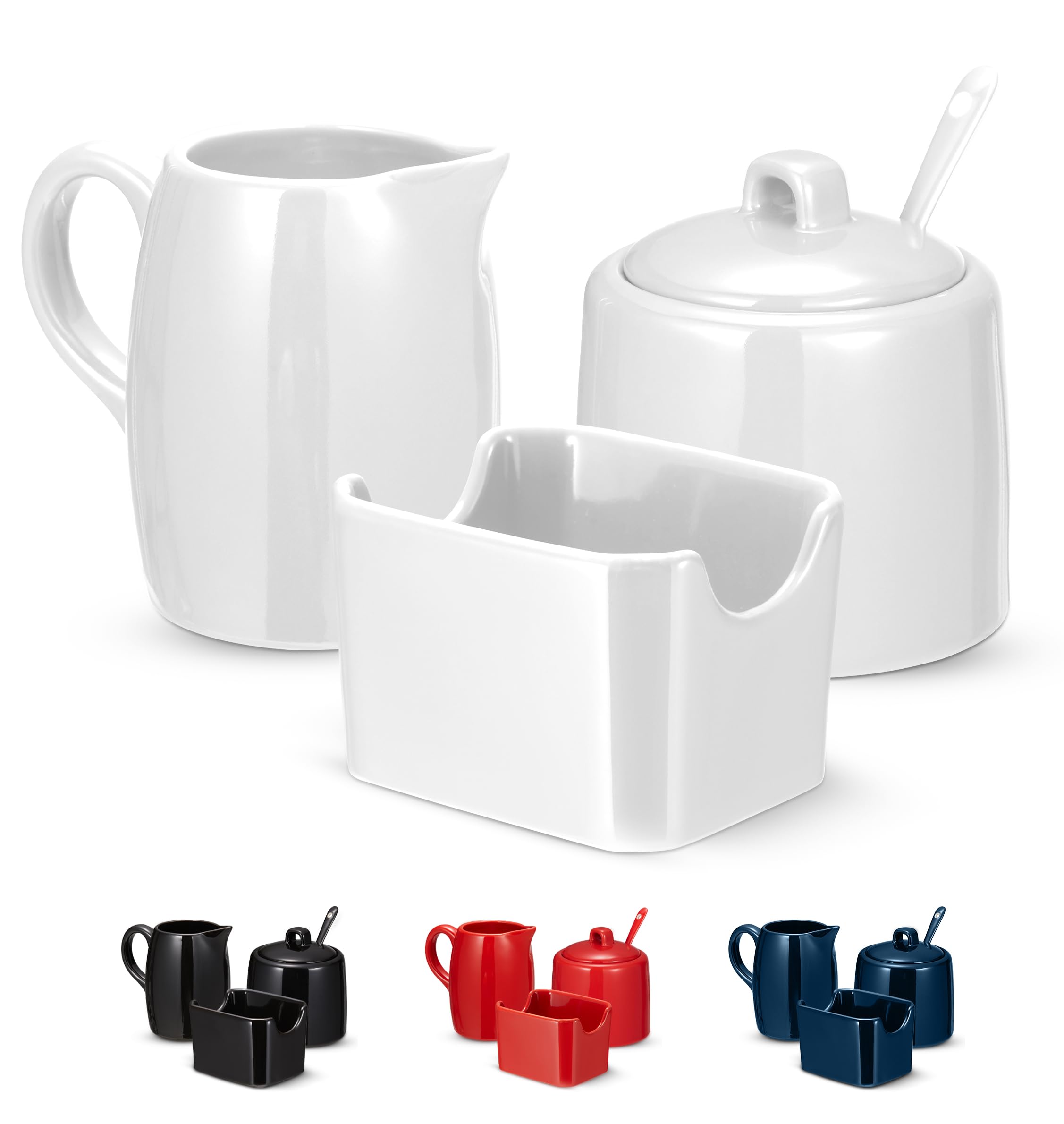 KooK Sugar and Creamer Set, 3 Piece, Pitcher, Sugar Bowl with Lid and Spoon, Sweetener Holder (White)