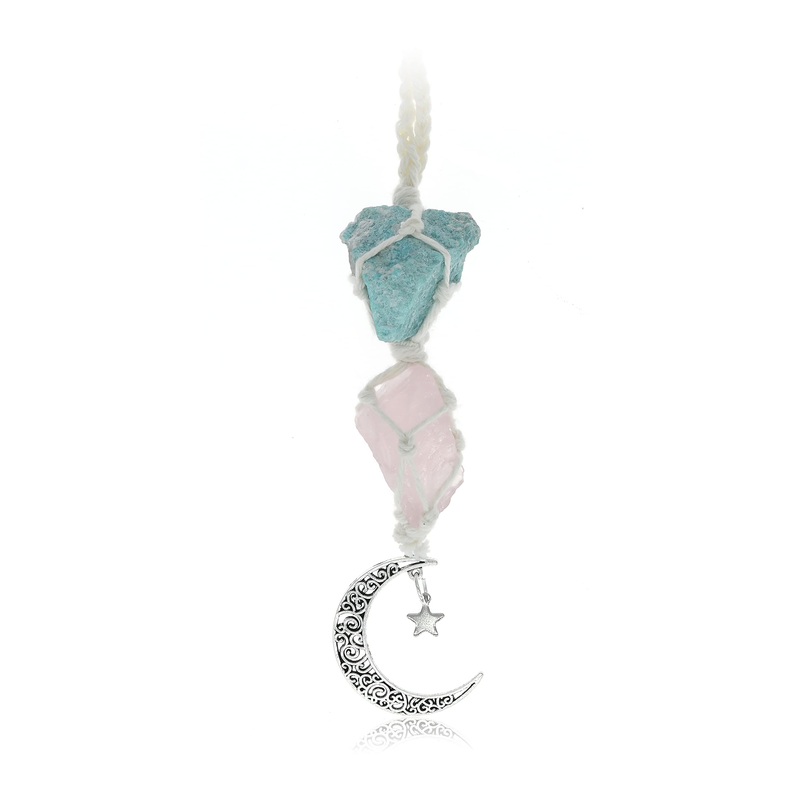 BOHO GARDEN Hanging Car Charm - Amazonite & Rose Quartz - Dangling Moon & Healing Crystal Accessories, Rearview Mirror Decorations - Self-Love, Honesty, Clarity, Connection, Self-Worth, Love, Energy