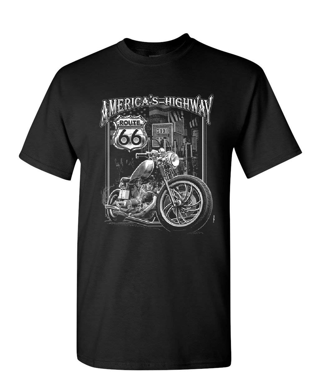 America's Highway T-Shirt Route 66 MC Motorcycle Chopper Bobber Mens Tee Shirt