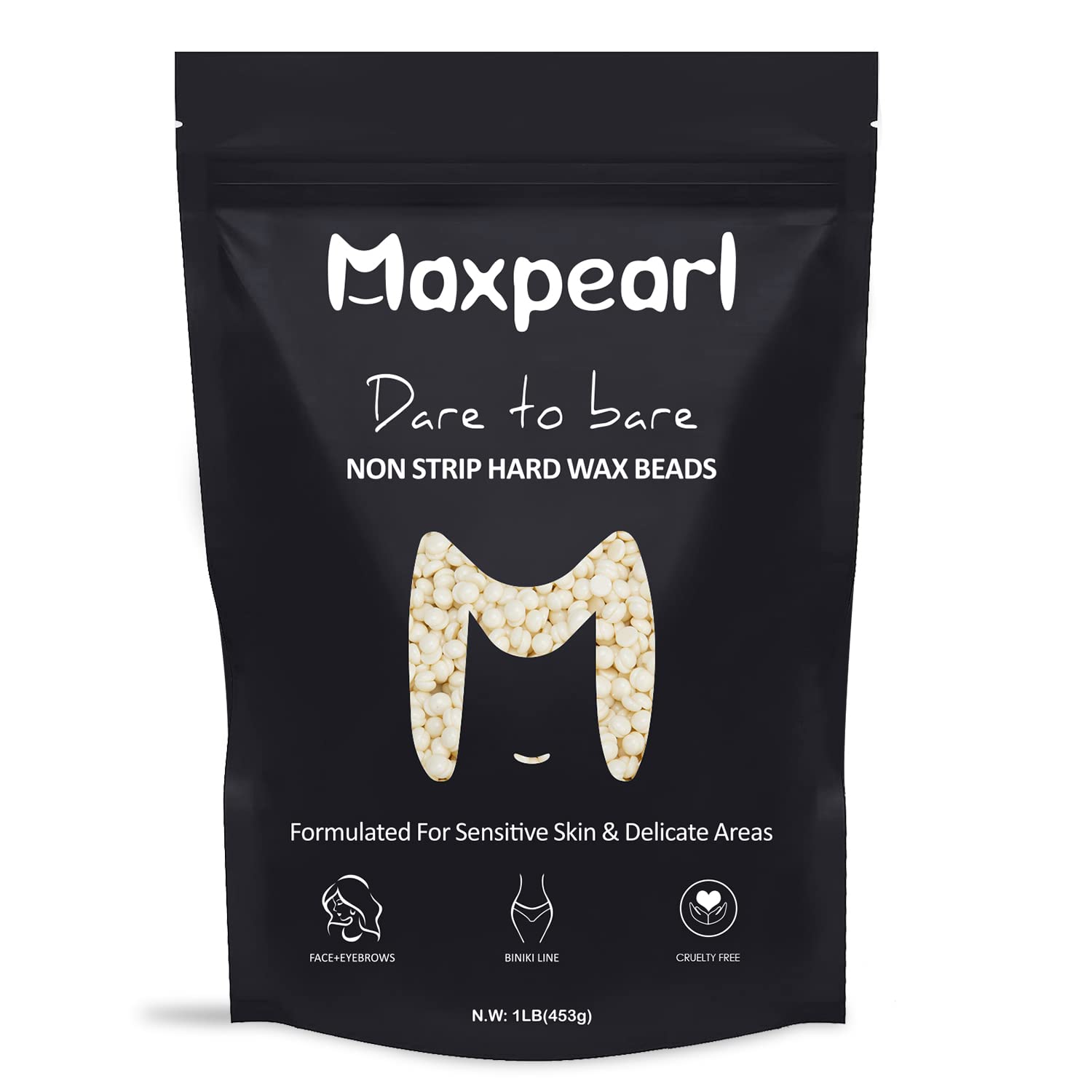 Maxpearl Wax Beads for Facial Hair Removal, 1LB Hypoallergenic Hard Wax Beans with Natural Ingredients for Sensitive Skin, Eyebrows, Upper Lip, Chin, Sideburns, Neck & More