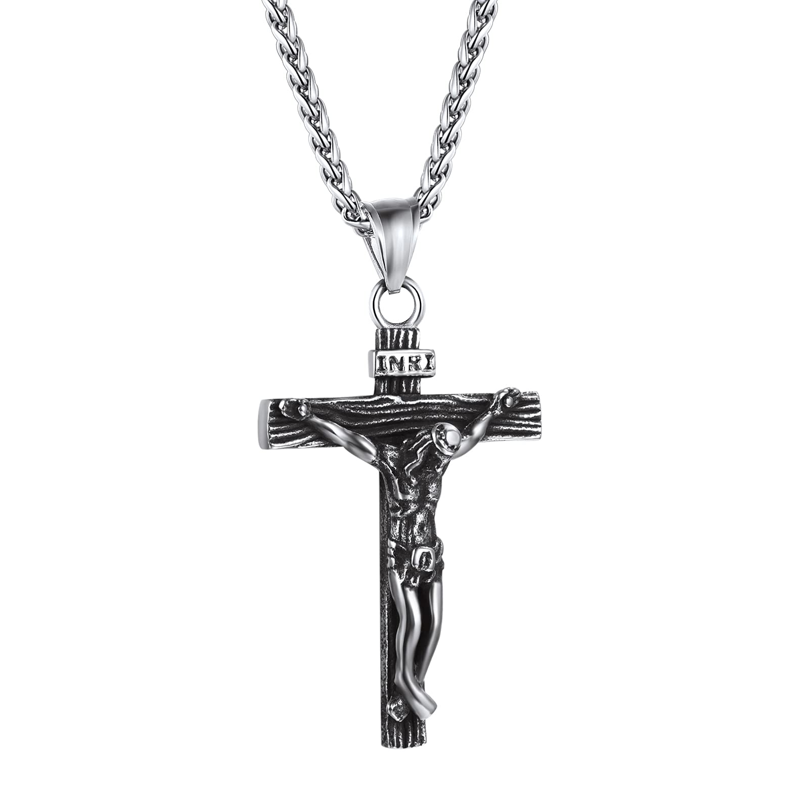 FindChic Men Cross Necklace Christian Crucifix Jewelry Stainless Steel/Black Jesus Christ Lord's Prayer Engravable Pendant with 22inch Chain