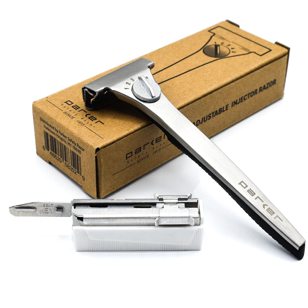 Parker Safety Razor’s Adjustable Injector – Single Edge Adjustable – 20 Injector Blades Included – Customize your shave with a turn of the dial