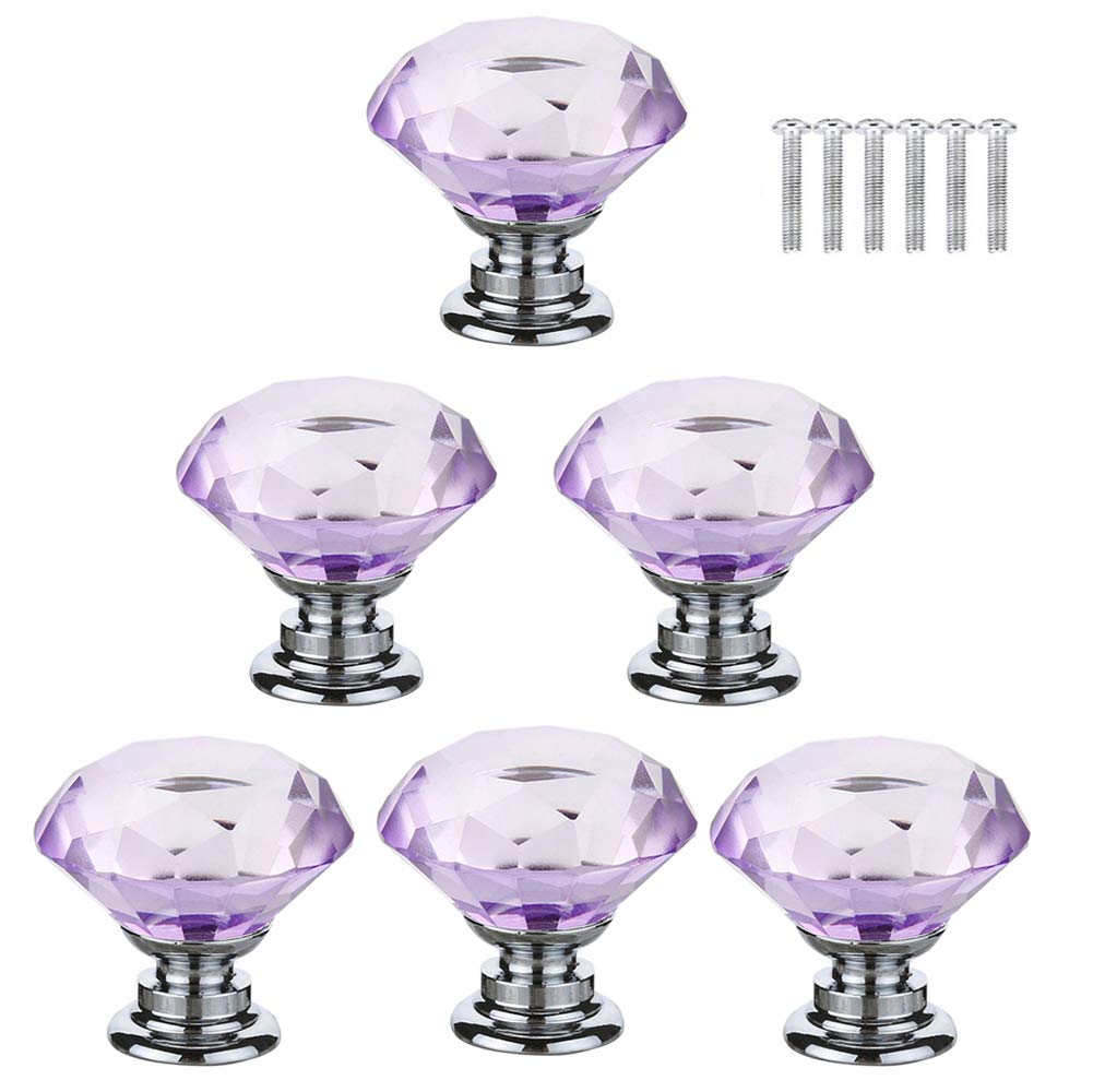 Dreneco Purple Crystals Glass Door Knobs Drawer Knobs Cupboard Knobs Drawer Handles Cupboard Handles Cabinet Pulls (30mm,6pcs)