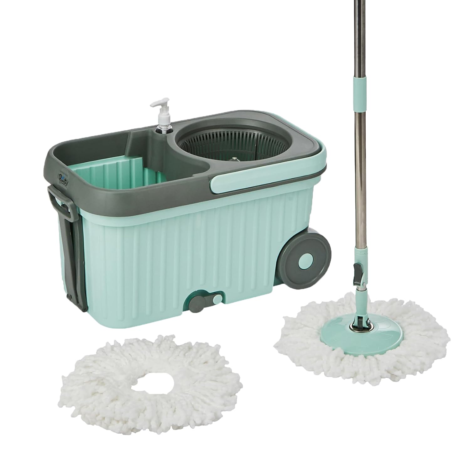 Amazon Brand - Presto! Elite Spin Mop with Bigger Wheels and Auto- Fold Handle, Green, 2 Refills