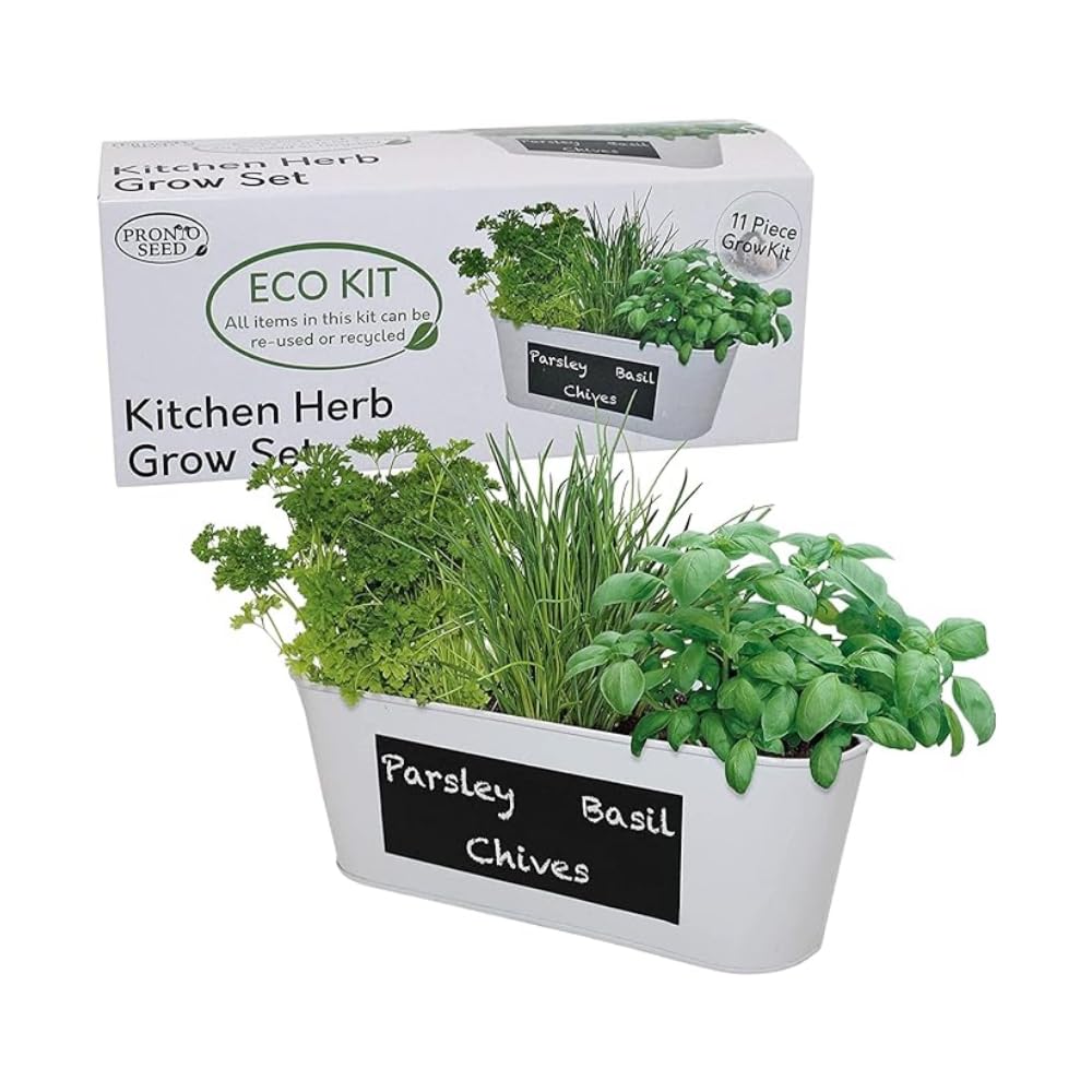 pronto seedGrow Your Own Herbs Kit Indoors - Basil, Parsley and Chive Seeds, Metal Chalk Board Kitchen Herb Planter & Soil - Christmas,Gardening Gifts for Women and Men