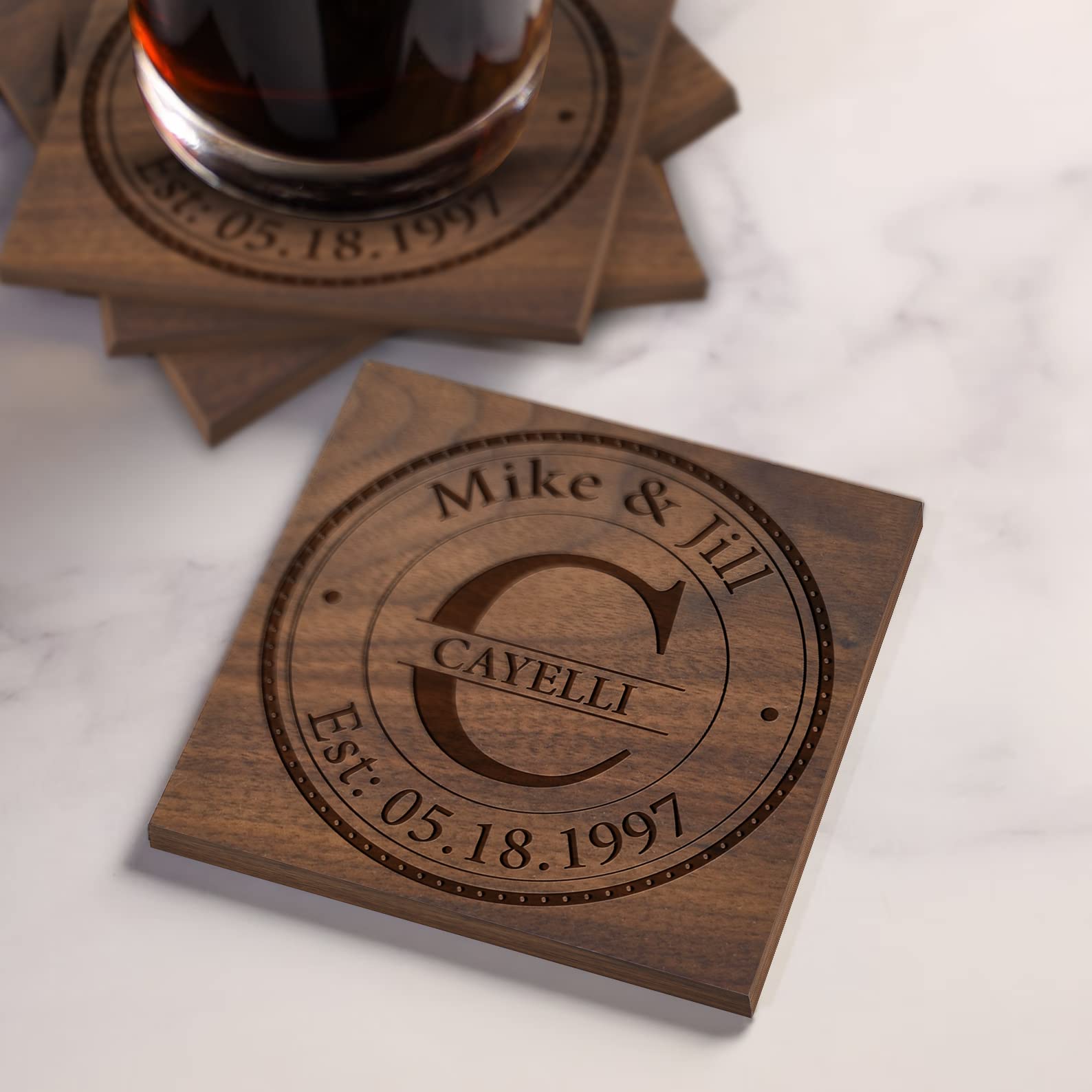 Personalized Wood Coasters - Custom Wedding Gifts for Anniversary, Housewarming Gift - Customizable Coasters Wooden Kitchen Decor - Monogram Engraved Coaster Present for New Homeowners Made in USA