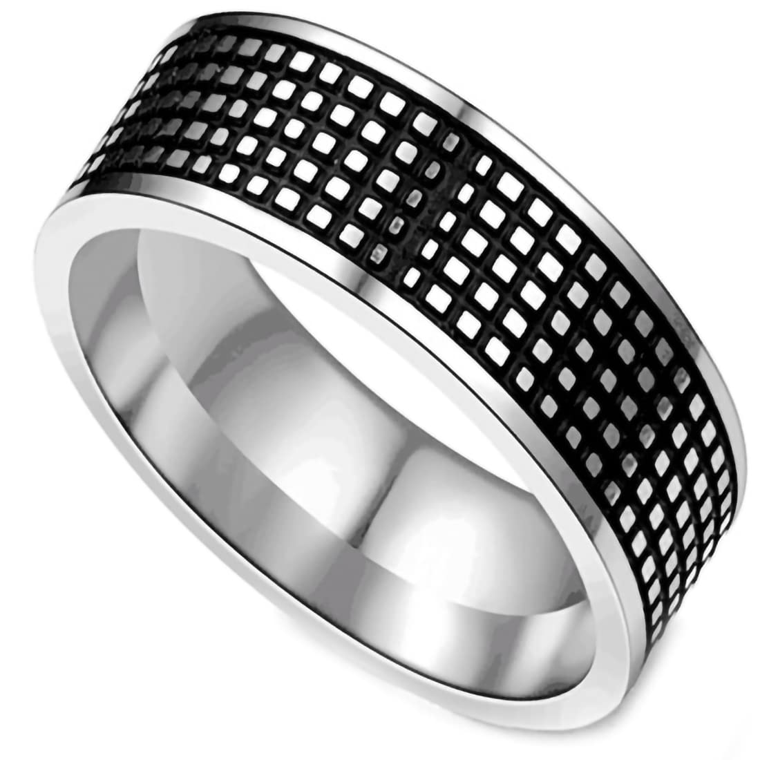 Black Rings for Men - Checkered Pattern Ring Stackable Band Stainless Steel Wedding Band - Inner Ring Metal Brushed - Sizes 6-13