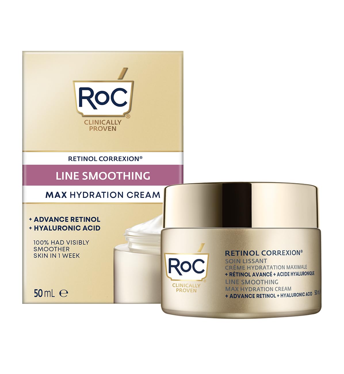 RoC - Retinol Correxion Line Smoothing Max Daily Hydration - Intensive Anti-Wrinkle & Anti-Aging Moisturiser - 48-Hour Moisture - Hyaluronic Acid & Pure RoC Retinol - 50 ml