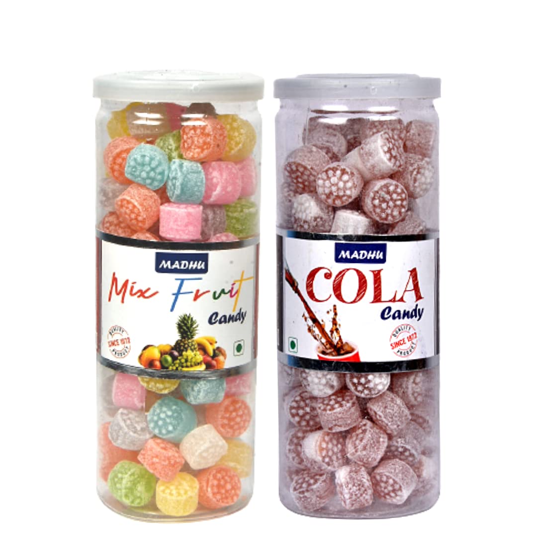 Madhu Premium Mix Fruit Candy /Cola Candy | मिक्स फ्रूट कैंडी / कोला कैंडी | Sour & Fruitful | CAN 230gms Each | Combo of 2