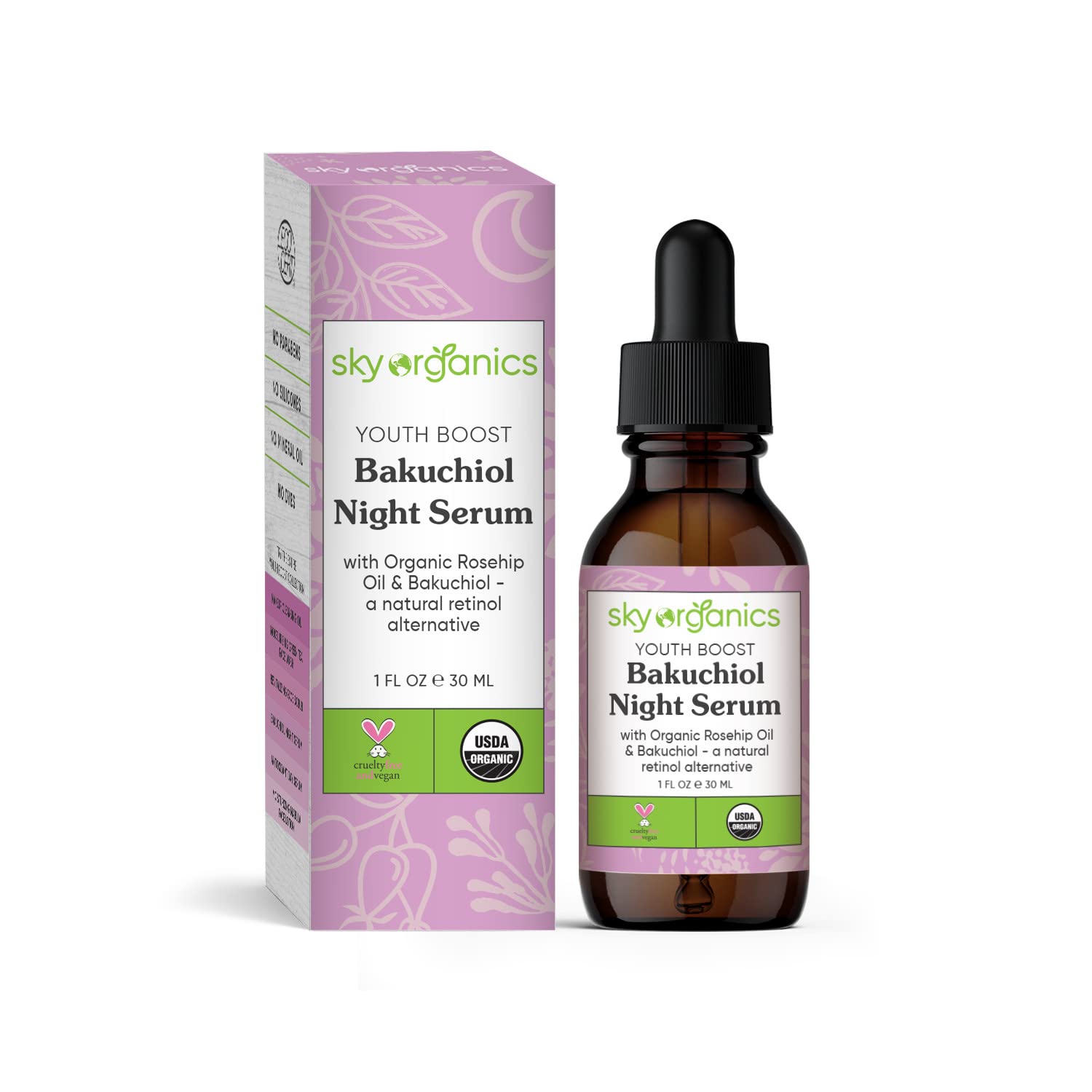 Sky OrganicsYouth Boost Bakuchiol Night Serum for Face USDA Certified Organic to Nourish, Smooth & Boost Glow, 2 fl. Oz