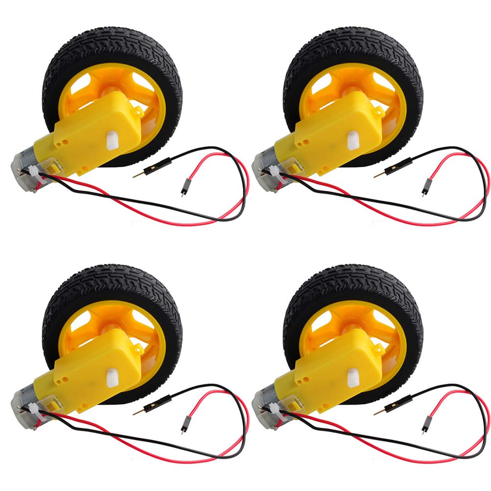 Stemedu Mini DC Electric Gearbox Dual Shaft Geared TT Motor Plastic Tire Tyres Wheel DC 3-6V for Ar duino 1:48 Smart Car Robot (4 Sets)