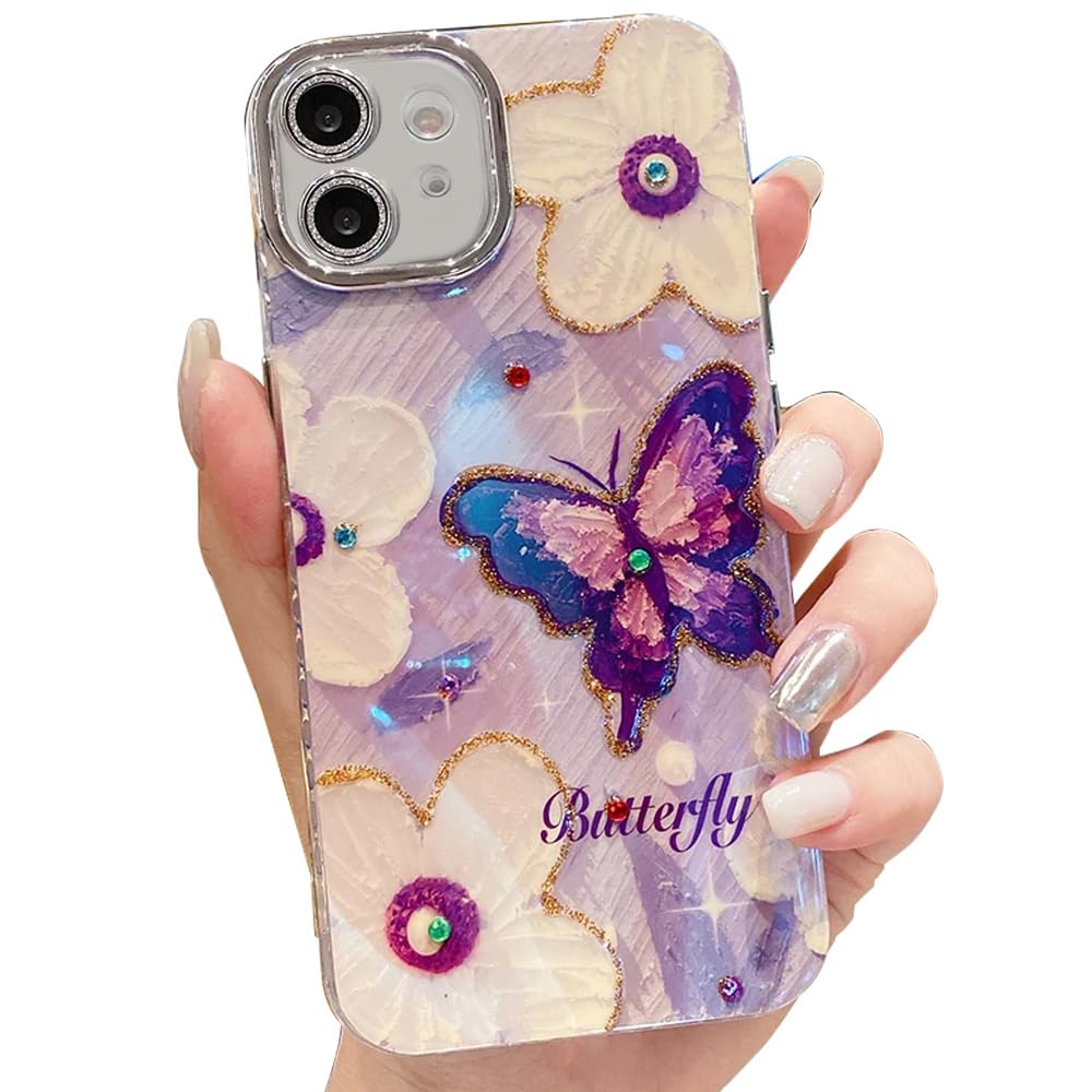 mobistyle Women Girls, Colorful Retro Oil Painting Flower Floral Design Shiny Bling Diamond Camera Cover Hard Back with TPU Edges Back Cover Case for iPhone 13, Butterfly Purple