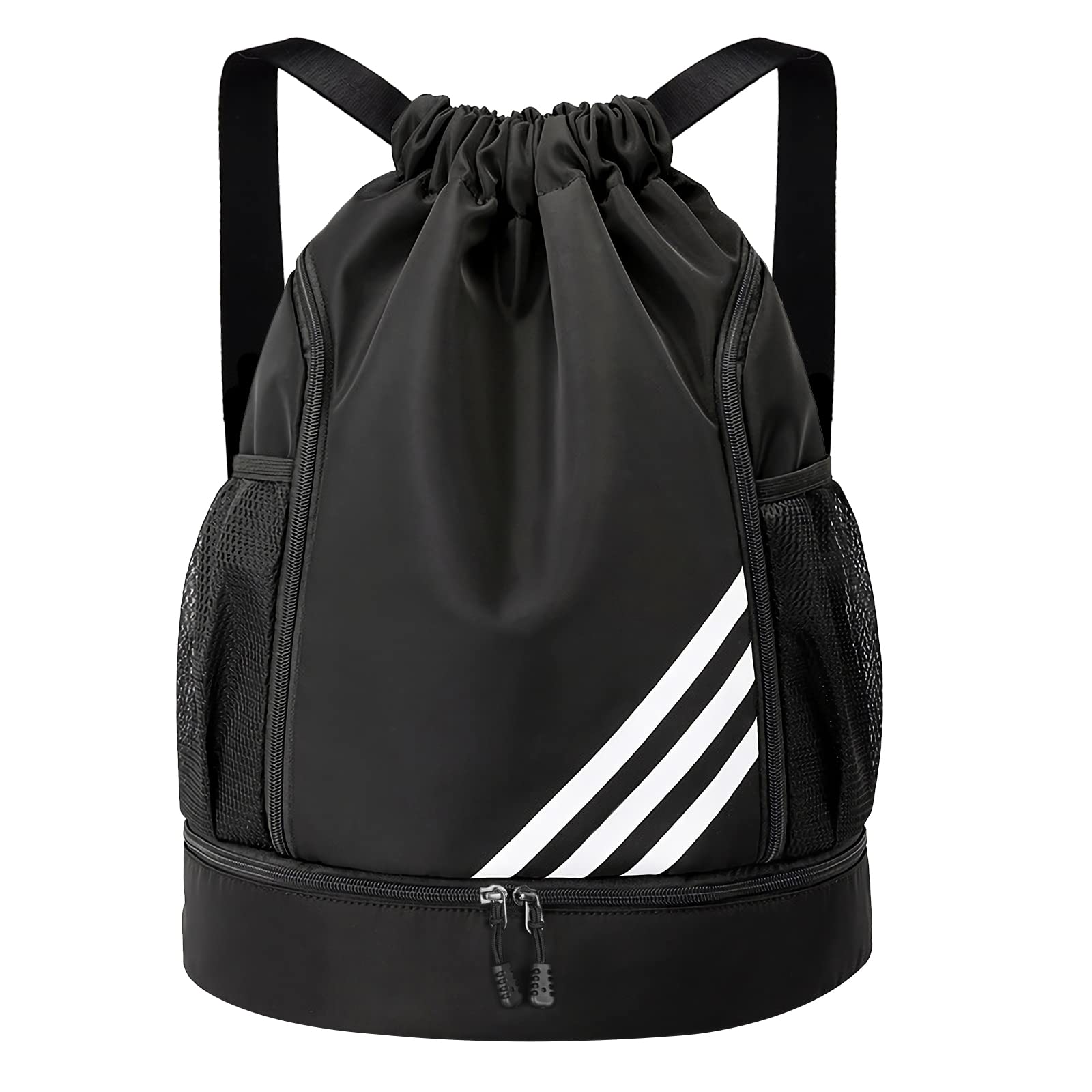 OziralDrawstring Backpack Water Resistant String Bag Gym Sports with Shoe Compartment Side Mesh Pockets for Women Men (Black)