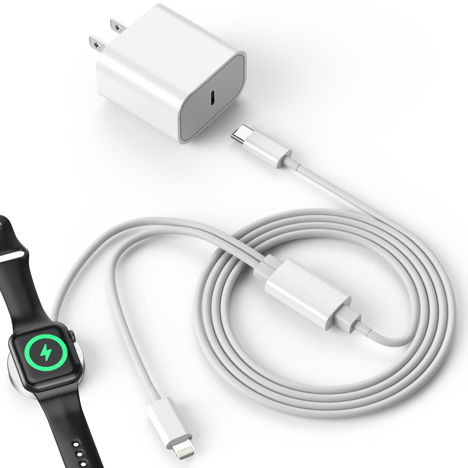 Improved USB-C Charger for i Watch, 2-in-1 iPhone and iWatch Magnetic Fast Charging Cable with USB-C Wall Charger, Compatible with i Watch Series 8/7/6/SE/5/4, iPhone 14/13/12/11 (1PS)