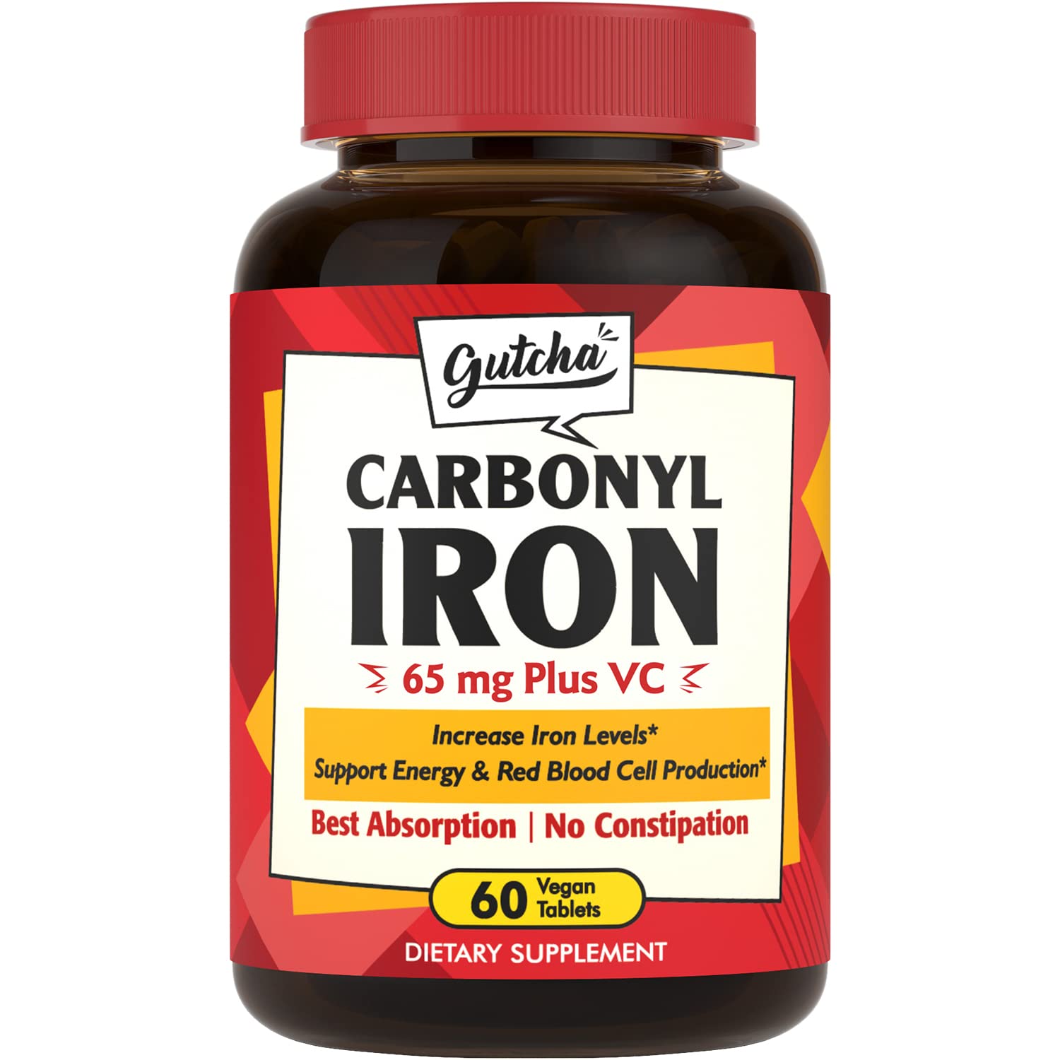 Iron Supplement, 65 mg Carbonyl Iron Plus Vitamin C, Energy & Blood Support for Women & Men, Better Absorption, Gentle on The Stomach, No Nausea, No Constipation, Vegan, Non-GMO, 60 Ct