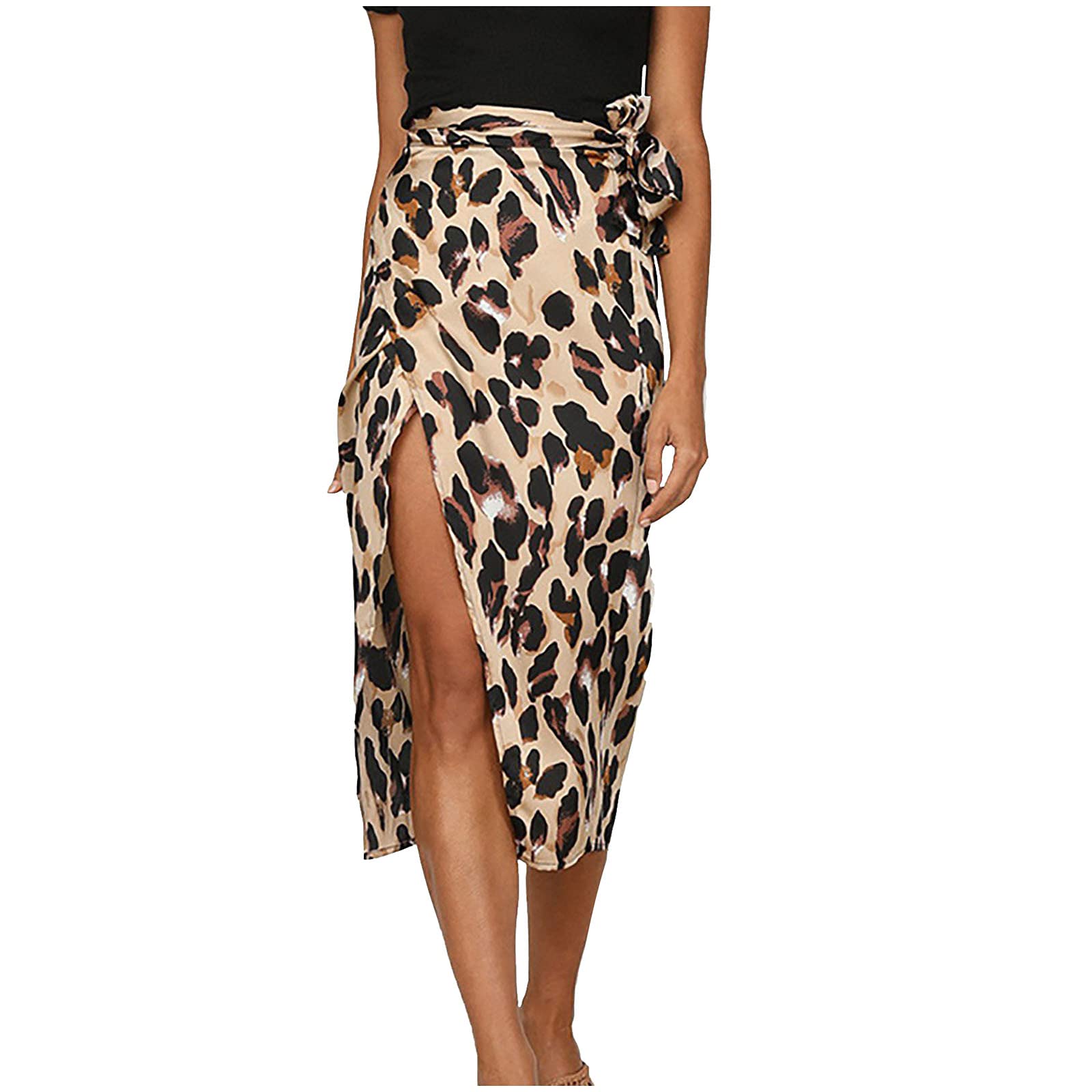 SanahyWomen's Boho Leopard Skirt High Low Split Summer Beach Midi Wrap Skirts Elastic High Waisted Flowy Cover Up with Slit