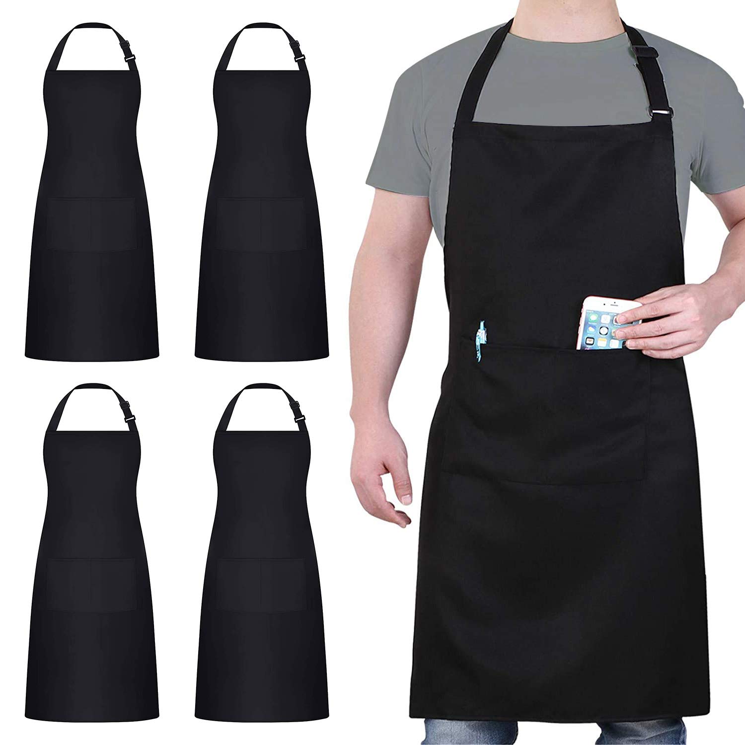 4 Pack Chef Apron, Waterproof Apron, Adjustable Apron with 2 Pockets for Men Women, Apron for Cooking Baking Restaurant